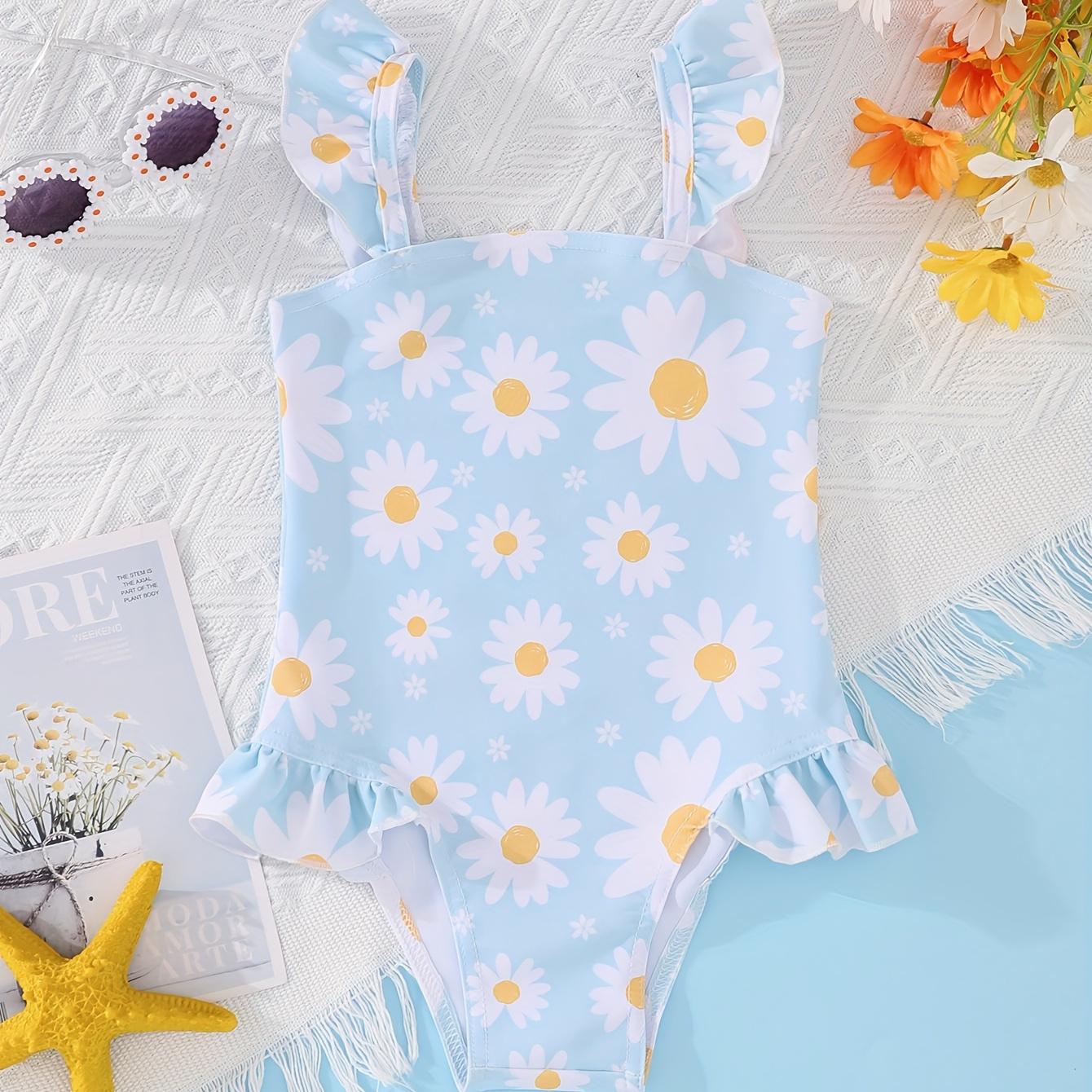 

Toddler's Cartoon Flower Pattern One-piece Swimsuit, Stretchy Ruffle Trim Bathing Suit, Baby Girl's Swimwear For Summer Beach Holiday