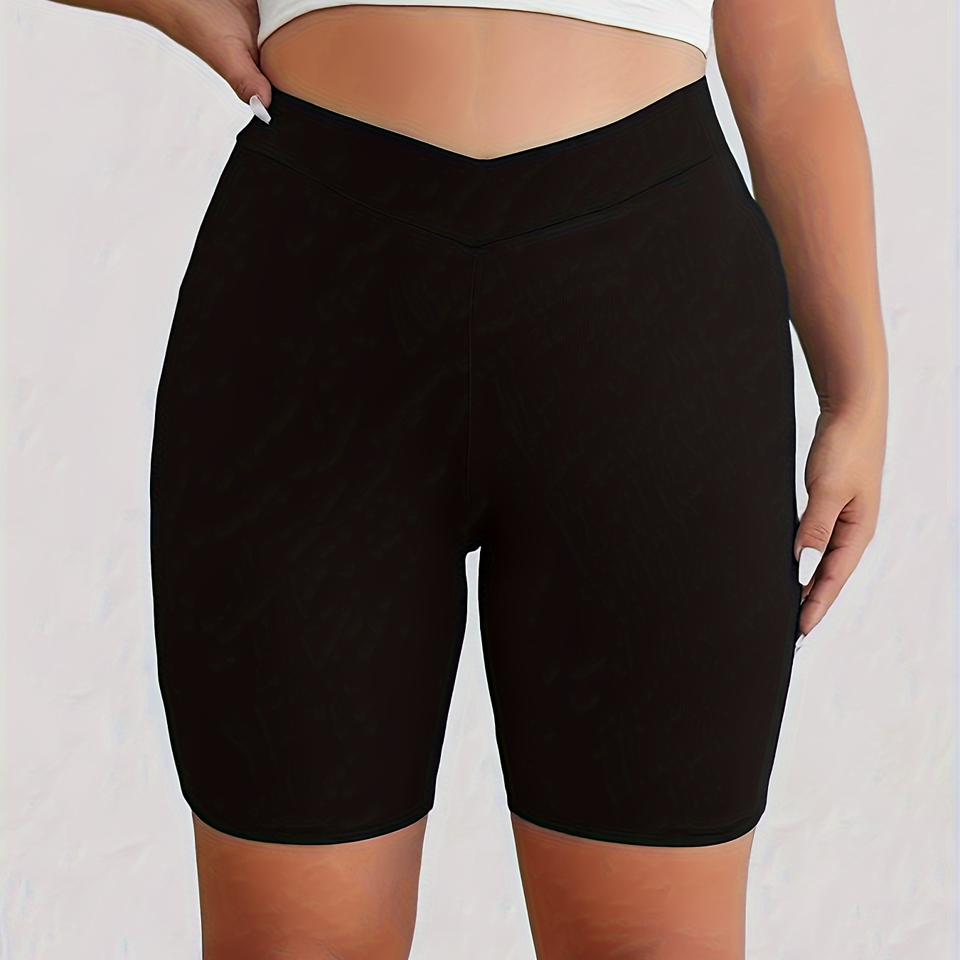 

Plus Size Solid Simple Skinny Shorts, Casual Stretchy High Waist Leggings, Women's Plus Size Clothing