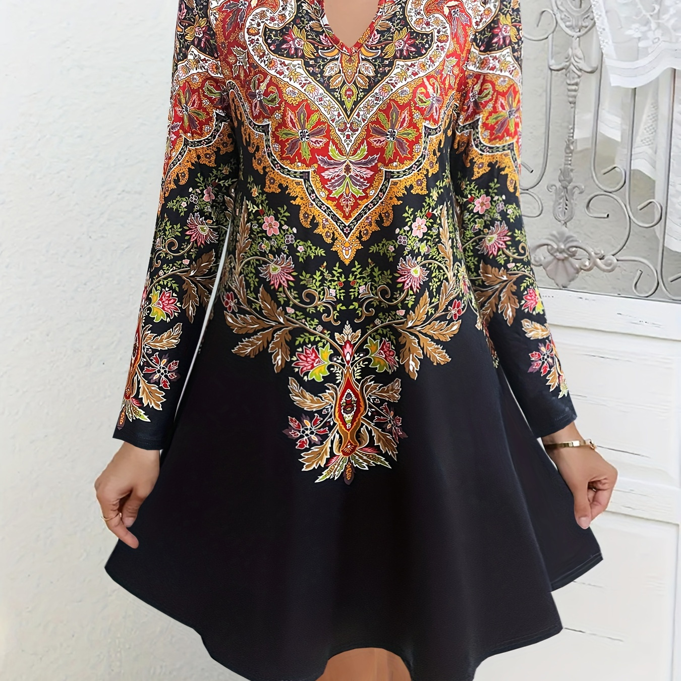 

Ethnic Floral Print Notched Neck Dress, Elegant Long Sleeve Dress For Spring & Fall, Women's Clothing