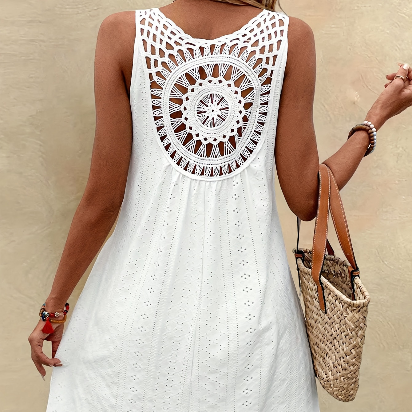 

Lace Splicing V Neck Dress, Vacation Style Sleeveless Dress For Spring & Summer, Women's Clothing