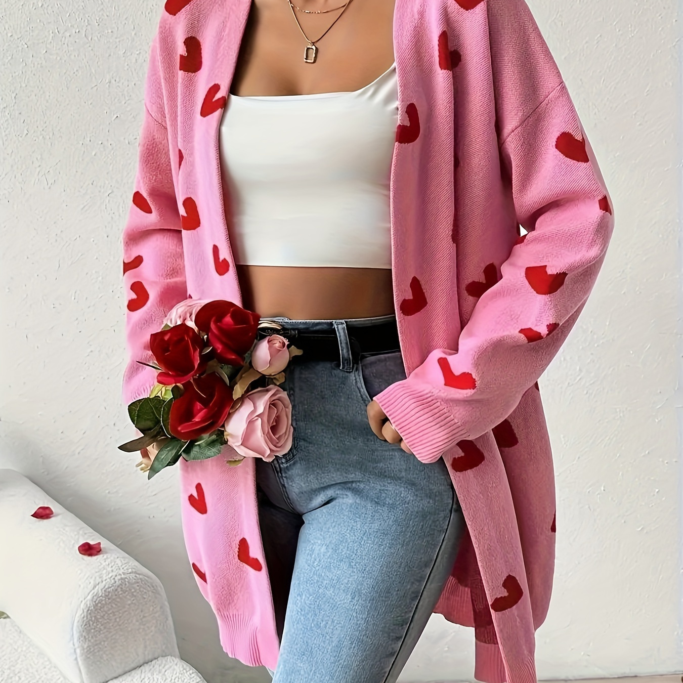 

Plus Size Heart Pattern Open Front Cardigan, Casual Long Sleeve Cardigan For Spring & Fall, Women's Plus Size Clothing