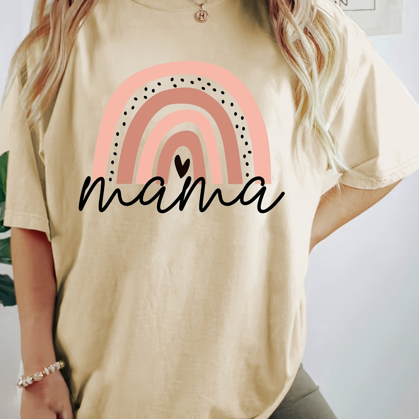 

Mama & Rainbow Print T-shirt, Casual Crew Neck Short Sleeve Daily Top, Women's Clothing