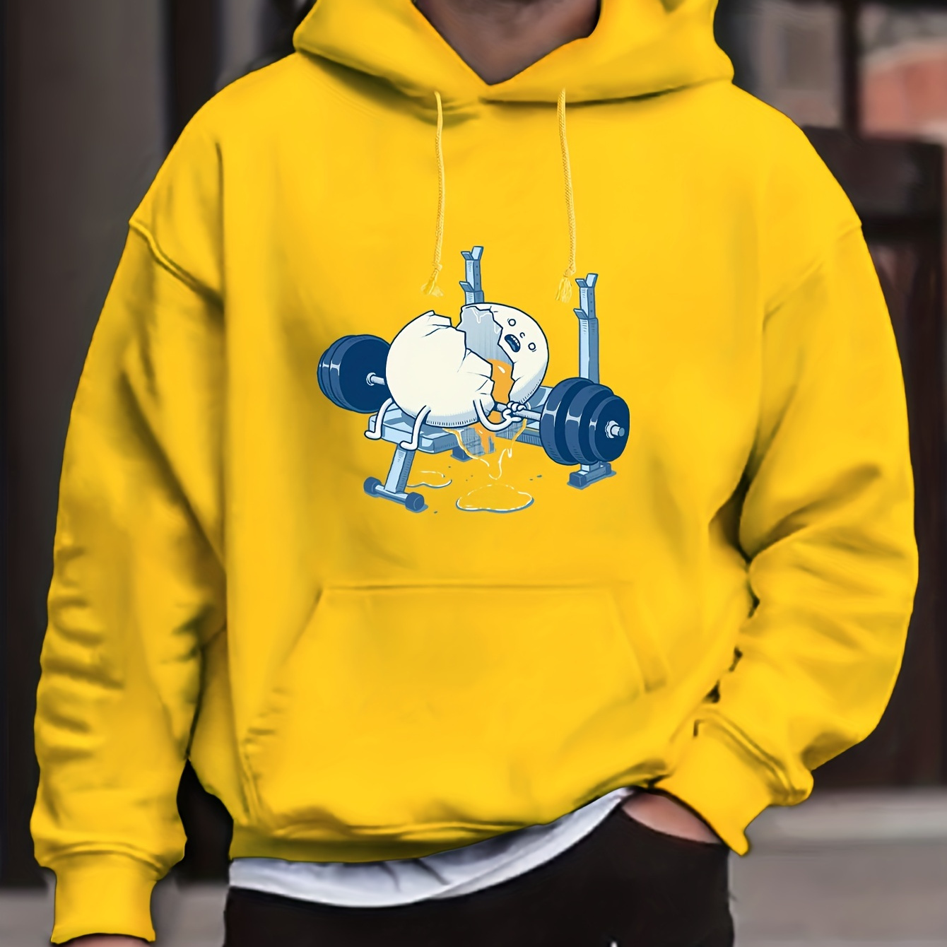 

Funny Egg & Gym Print Hoodie, Cool Hoodies For Men, Men's Casual Graphic Design Pullover Hooded Sweatshirt With Kangaroo Pocket Streetwear For Winter Fall, As Gifts