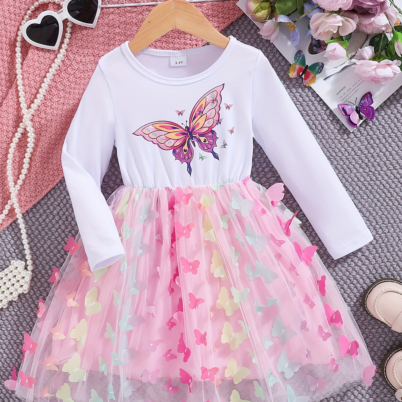 

Butterfly Pattern Girl's Long-sleeve Mesh Tutu Dress, Spring & Fall Vacation Party Casual A-line Dresses, Gift