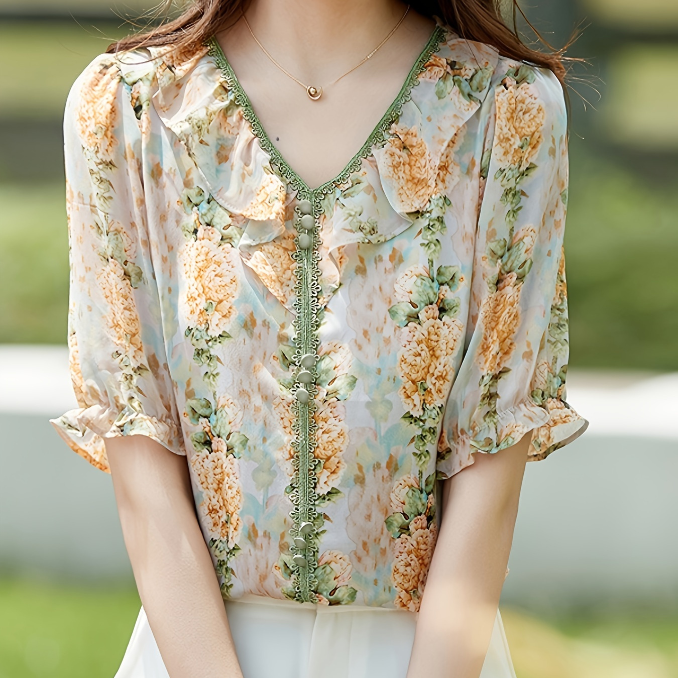 

Floral Print Ruffle Trim Blouse, Elegant Contrast Trim Button Decor Blouse For Spring & Fall, Women's Clothing
