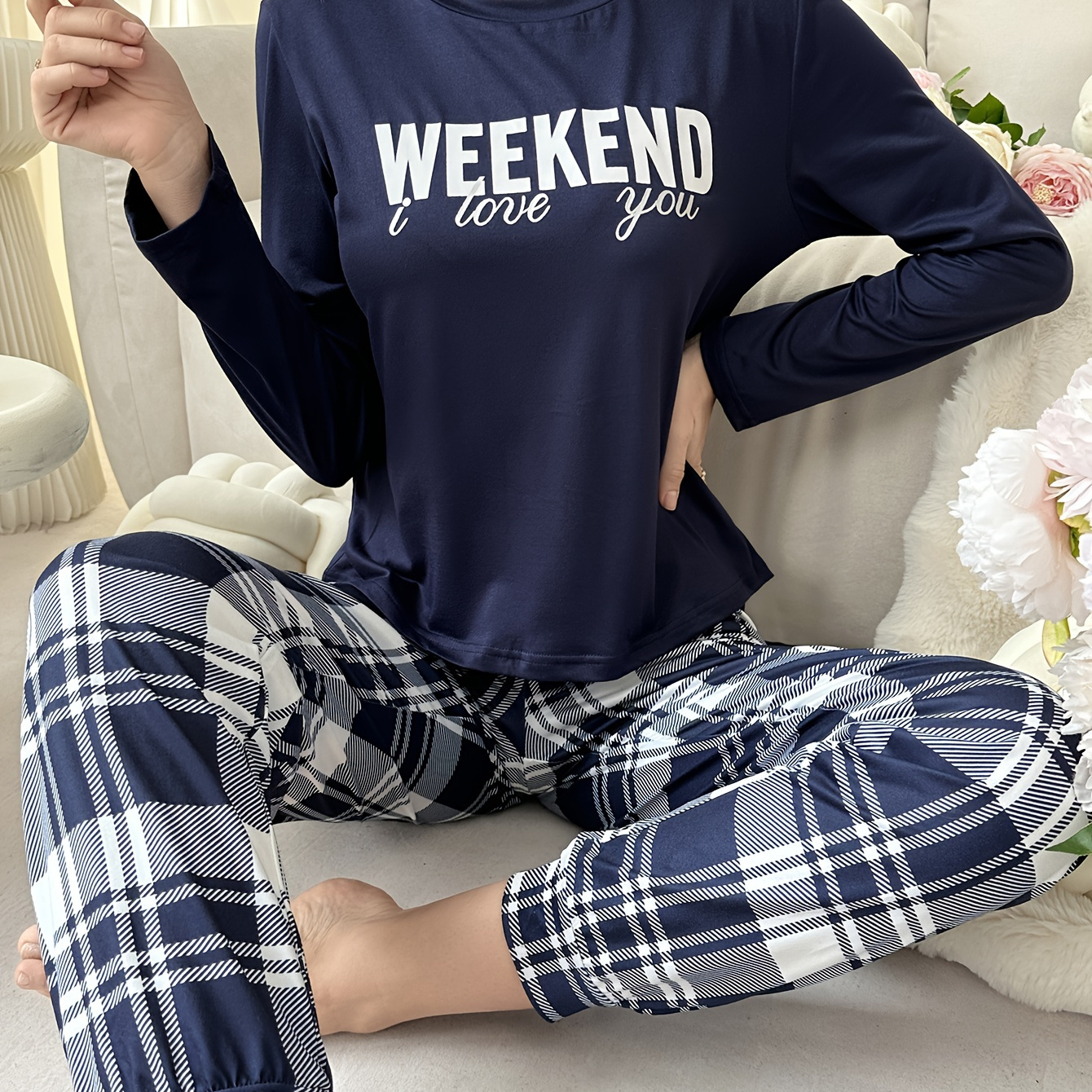 

Casual Slogan Print Pajama Set, Long Sleeve Crew Neck Top & Plaid Joggers, Women's Sleepwear & Loungewear