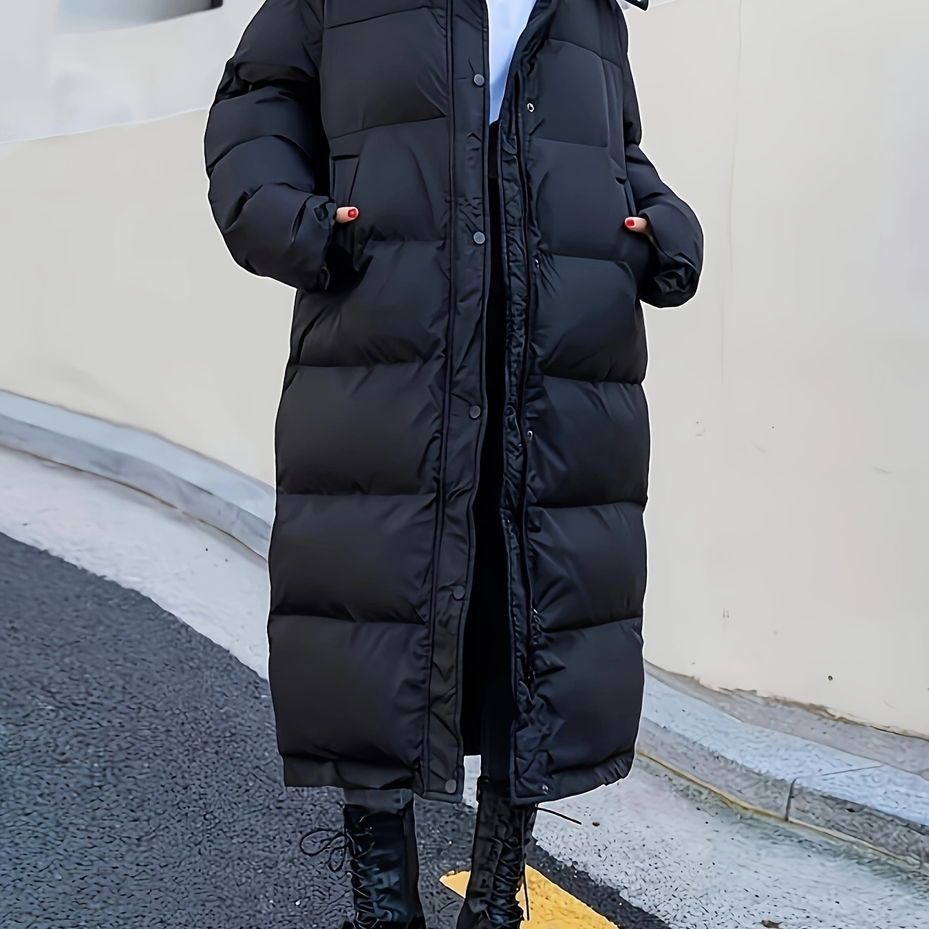 

Sweat à capuche zippé longline, manteau , manteau isolé à manches longues décontracté avec poches à pression sur le devant pour l'hiver, vêtements pour femmes