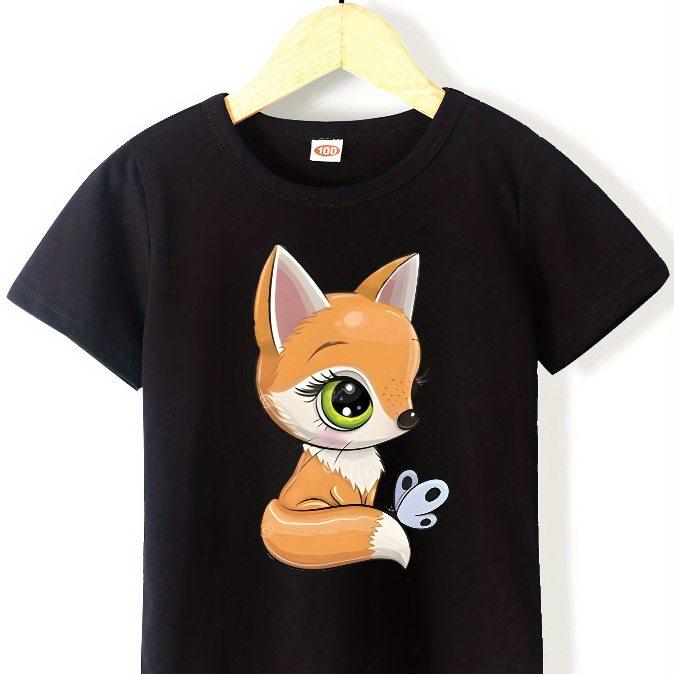 

Lovely Cartoon Fox With Butterfly Graphic Print, Girls' Casual Cotton Short-sleeve T-shirt Pullover For Spring And Summer For Outdoor Activities