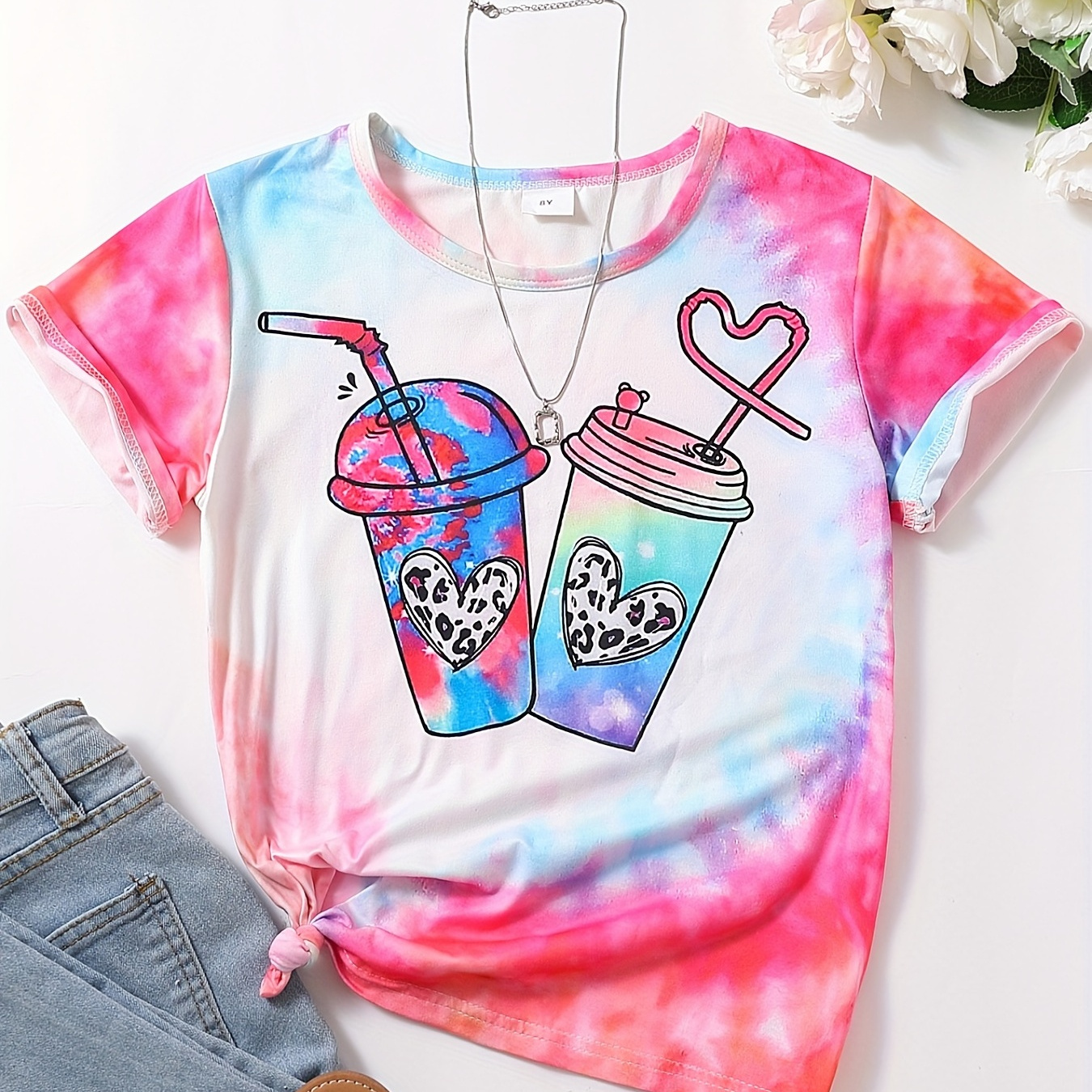 

Girls Beverage Graphic Tie Dye T-shirt Casual Round Neck Tees Top Kids Summer Clothes