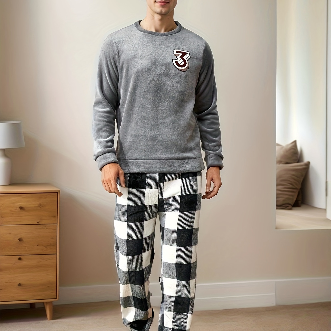 

1set Winter Men's Pajama Set - Geometric-patterned Polyester Knit Fabric, Crew Neck Long Sleeve Top And Loose Fit Pants, Stretch Comfortable Sleepwear