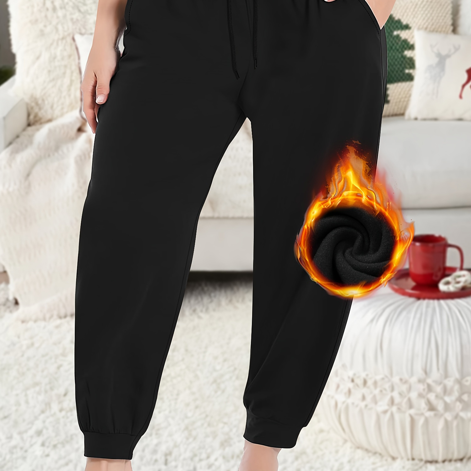 

Plus Size Solid Pockets Fitted Bottom Joggers, Casual Sporty Drawstring Pants For Fall & Winter, Women's Plus Size Clothing