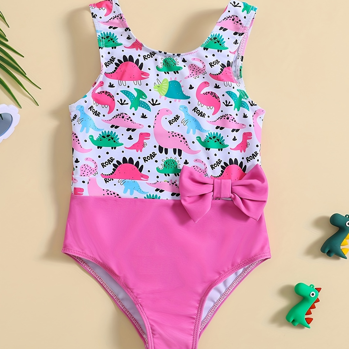 

Sweet Girls Splicing Dino Graphic Sleeveless Swimwear Bathing Suit For Summer Beach Vacation