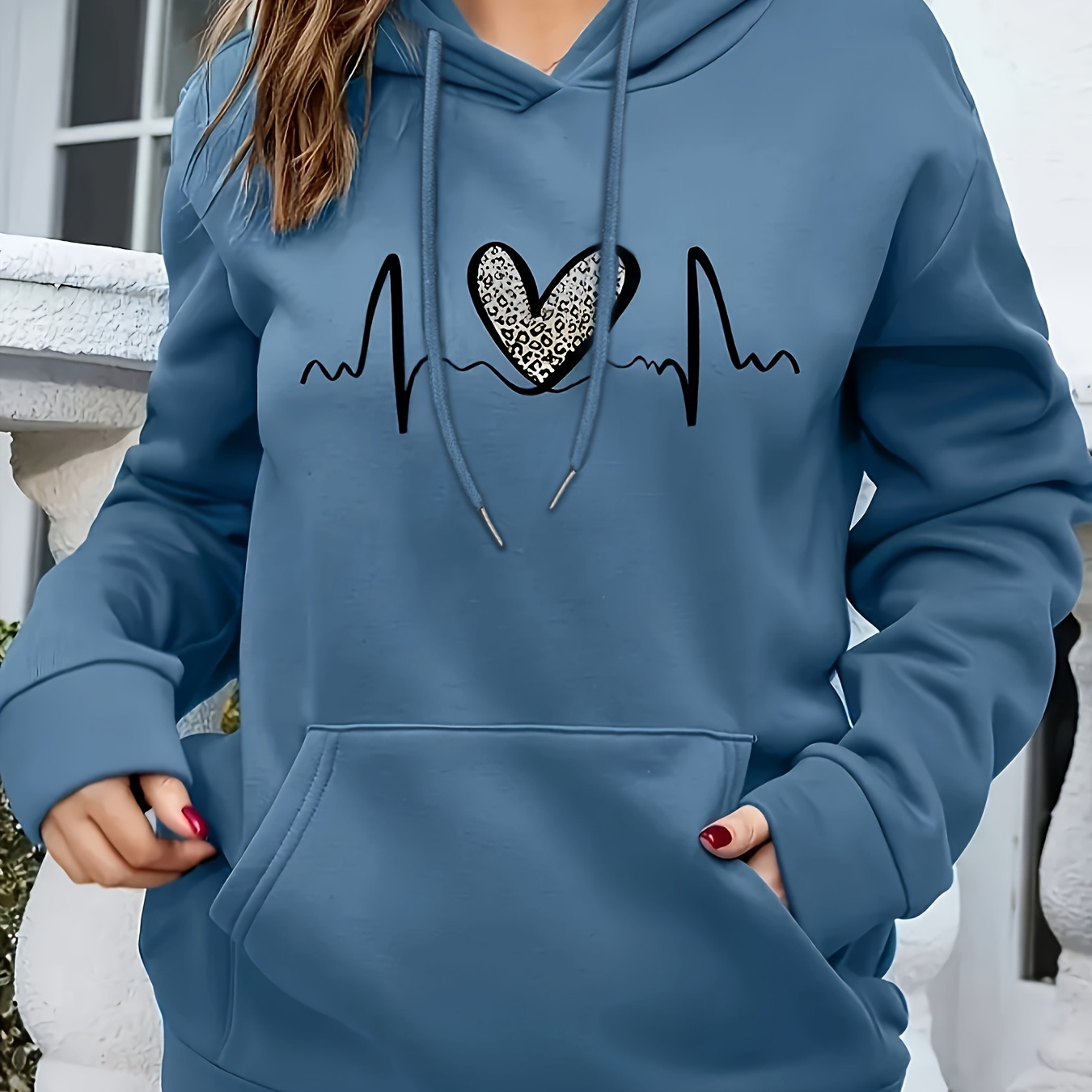 

1pc Women' Hoodie With Heartbeat Design, 100% Polyester Knit Fabric, Regular Fit, Geometric Pattern, Drawstring Hood, Fall/winter Collection