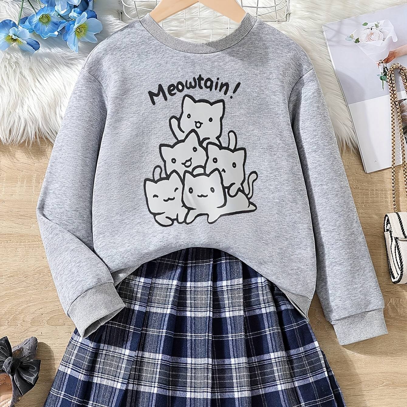 

2pcs/set, Girls Kitties Print Long Sleeve Sweatshirt Top + Plaid Skirt - Spring/fall Clothes, Girl's Fashion Outfit