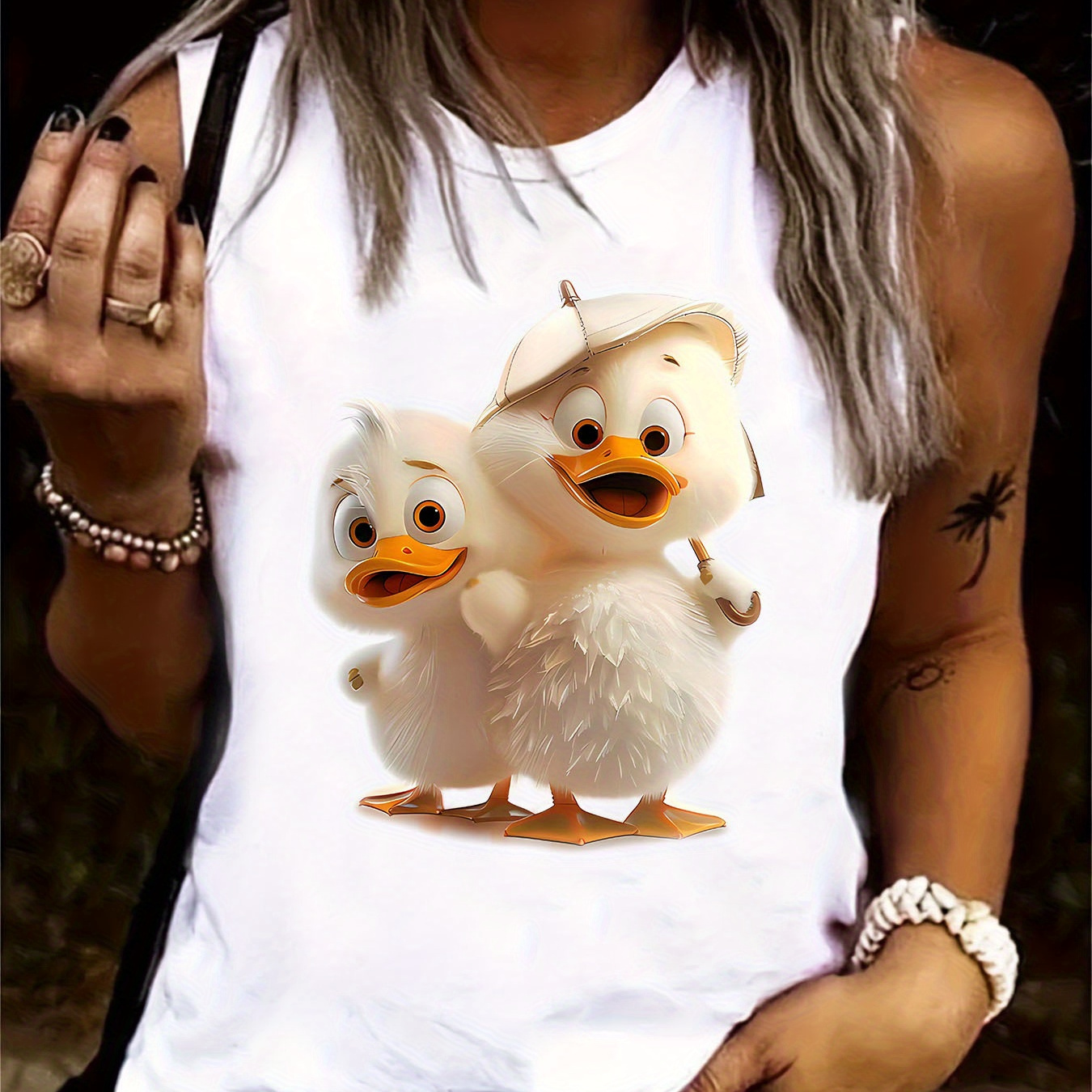 

Cute Duck Print Crew Neck Tank Top, Casual Sleeveless Tank Top For Summer, Women's Clothing