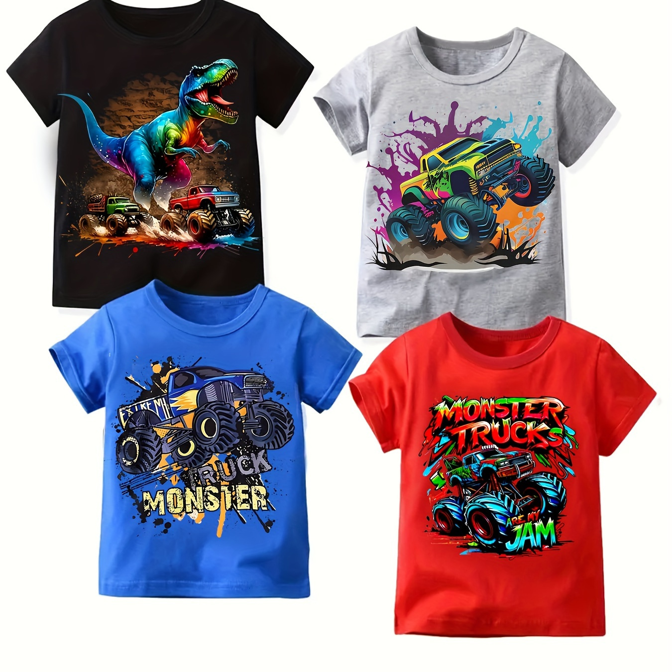 

Lot de 4 T-shirts Décontractés pour Garçons avec Imprimé Camion Cool - Tees Sportifs Confortables à Manches Courtes pour l'Amusement Extérieur en Été, Lavables en Machine