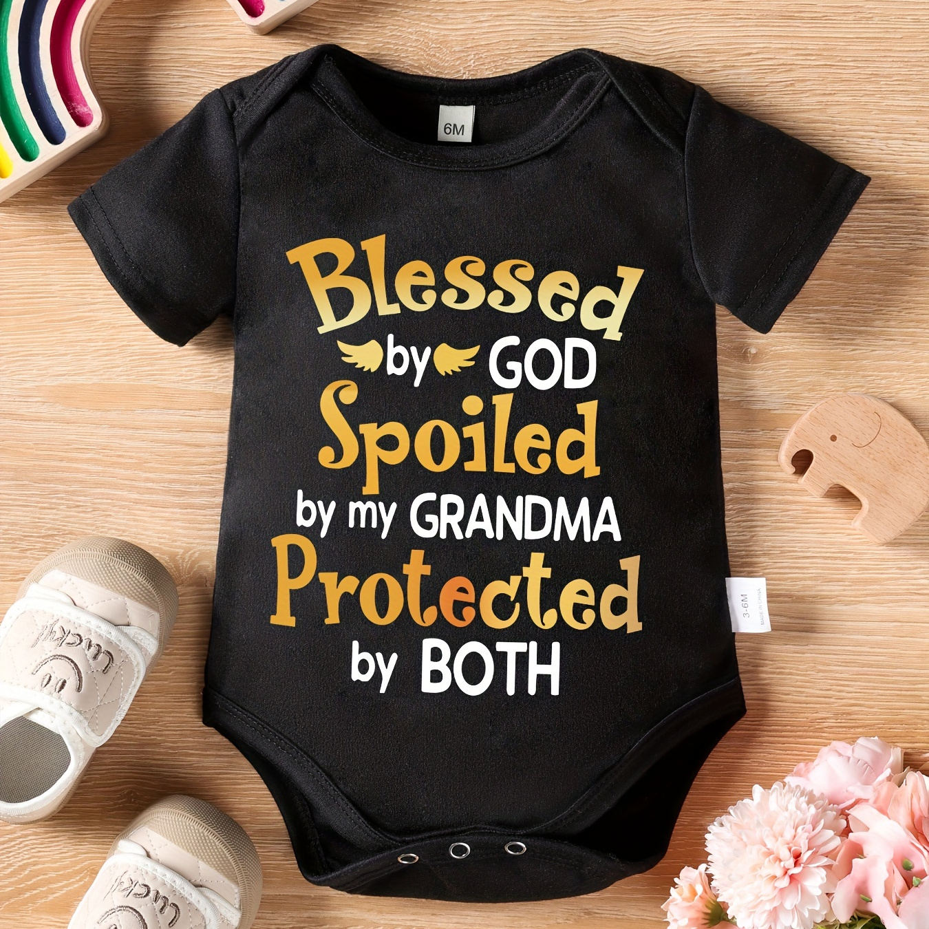 

Baby Triangle Onesie, "blessed By God Spoiled By My Grandma Protected By Both" Letter Print Newborn Cute Short Sleeve Romper, Pajamas