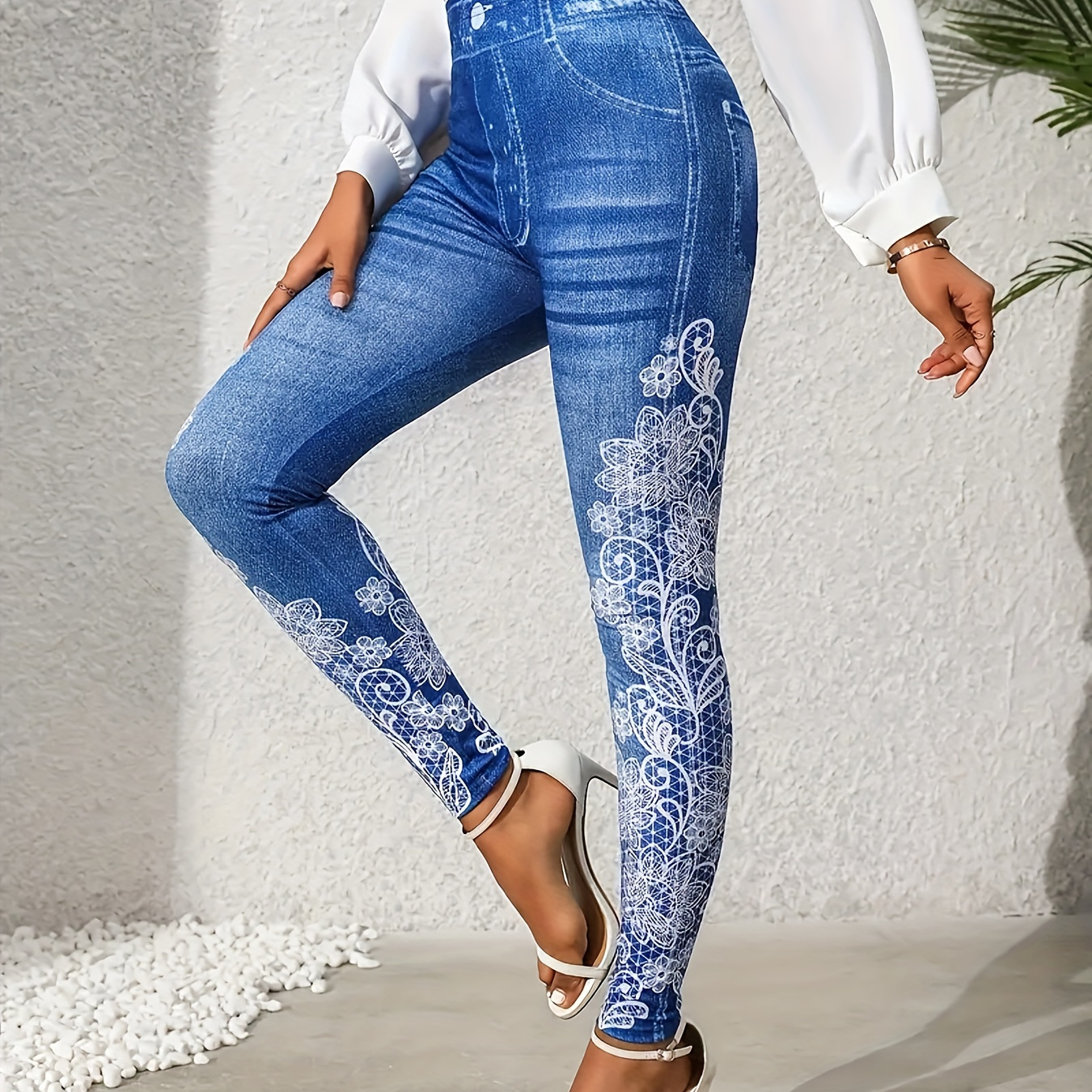 

Floral Print Faux Denim Leggings, Casual High Waist Every Day Stretchy Leggings, Women's Clothing