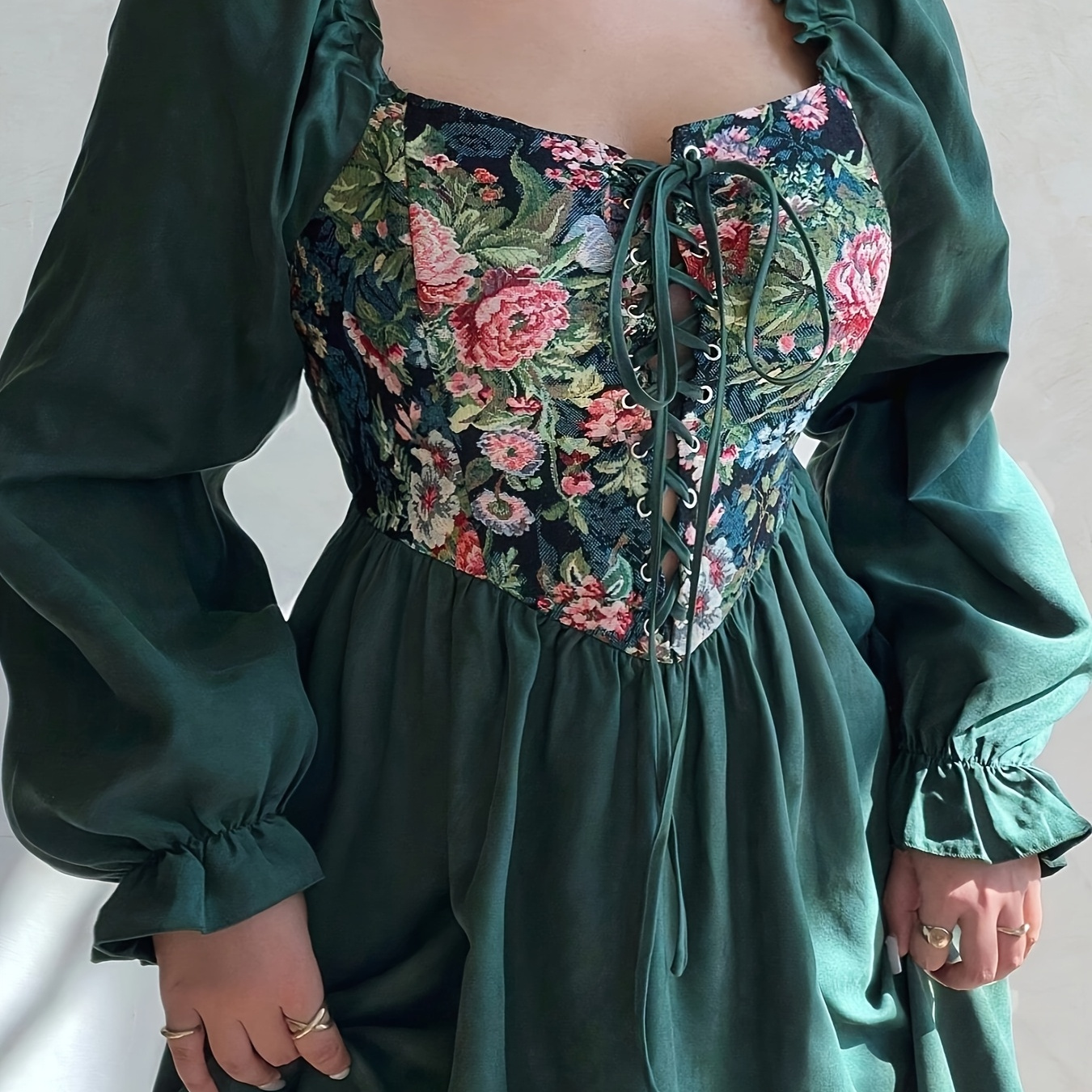 

Elegant Floral Lace-up Midi Tunic Dress, Polyester , Long Flare Sleeves, Loose Fit, Hem, With Non-stretch Fabric, For Spring/summer/fall - Plus Size Elegant Casual Wear