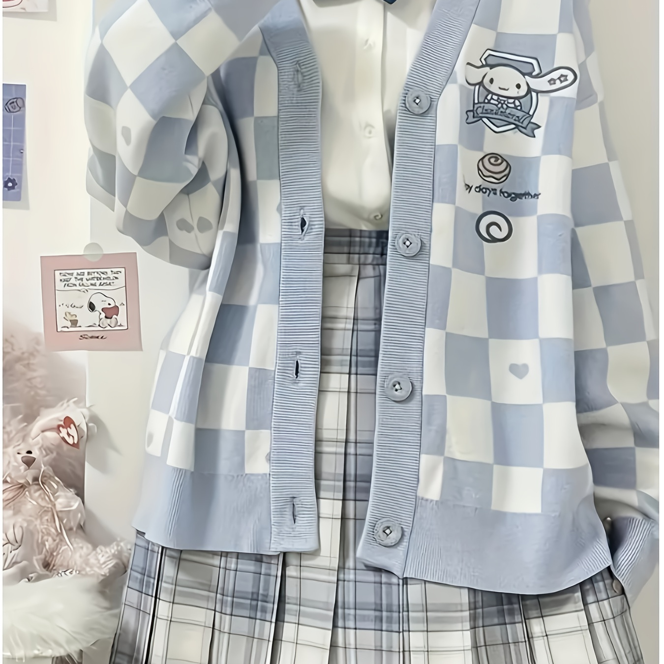 [Cute Cinnamoroll Sweater] Cinnamoroll Light Blue & White Plaid Cardigan | Long Sleeve Knit V-Neck with Heart Design for Teens and Women, Ideal for Cosplay, Parties & Gifts