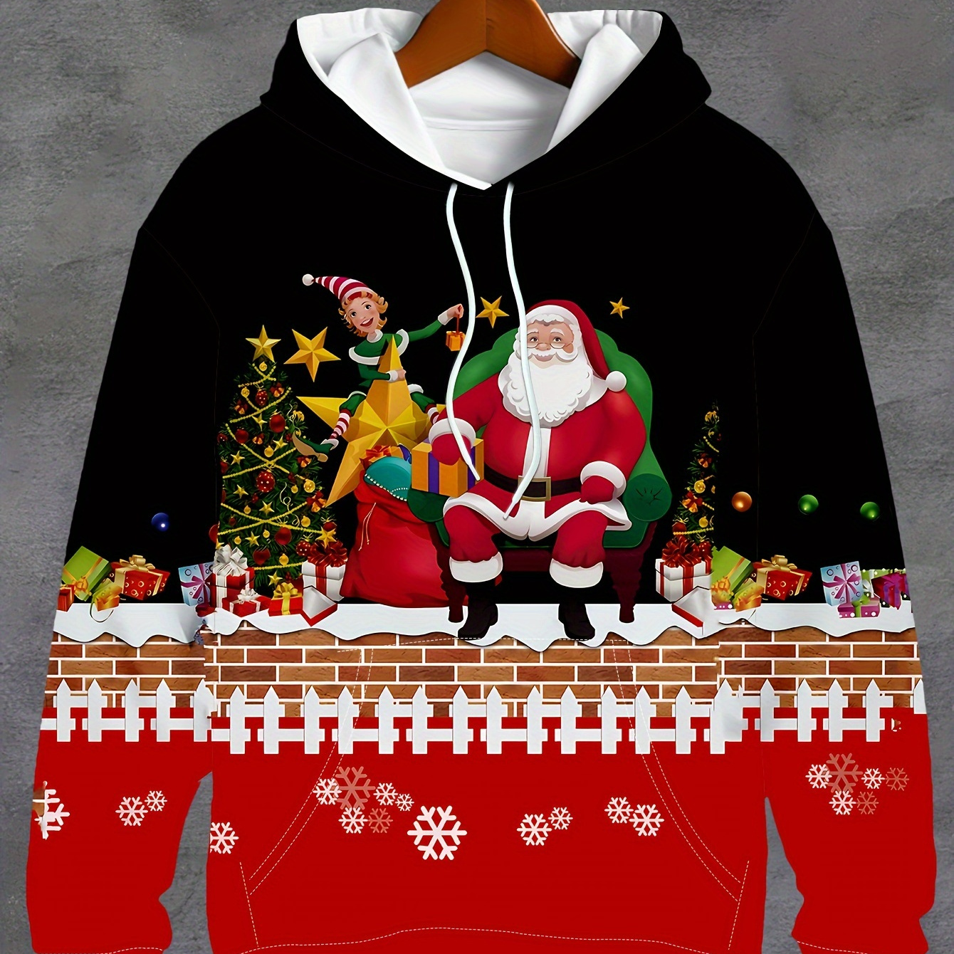 

Men's Christmas Theme Santa Claus And Gift Illustration Print Hooded Long Sleeve Sweatshirt With Kangaroo Pocket, Sports Hoodie For Spring And Fall Daily And Holiday Wear