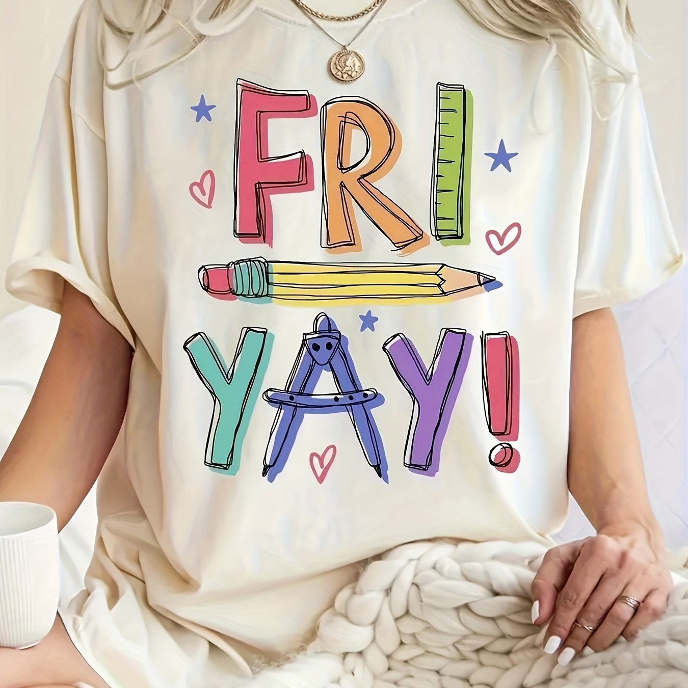 

Casual Polyester T-shirt With Christmas Pattern Print, Crew Neck, Knit Fabric, Regular Fit - "fri Yay!" Graphic Design