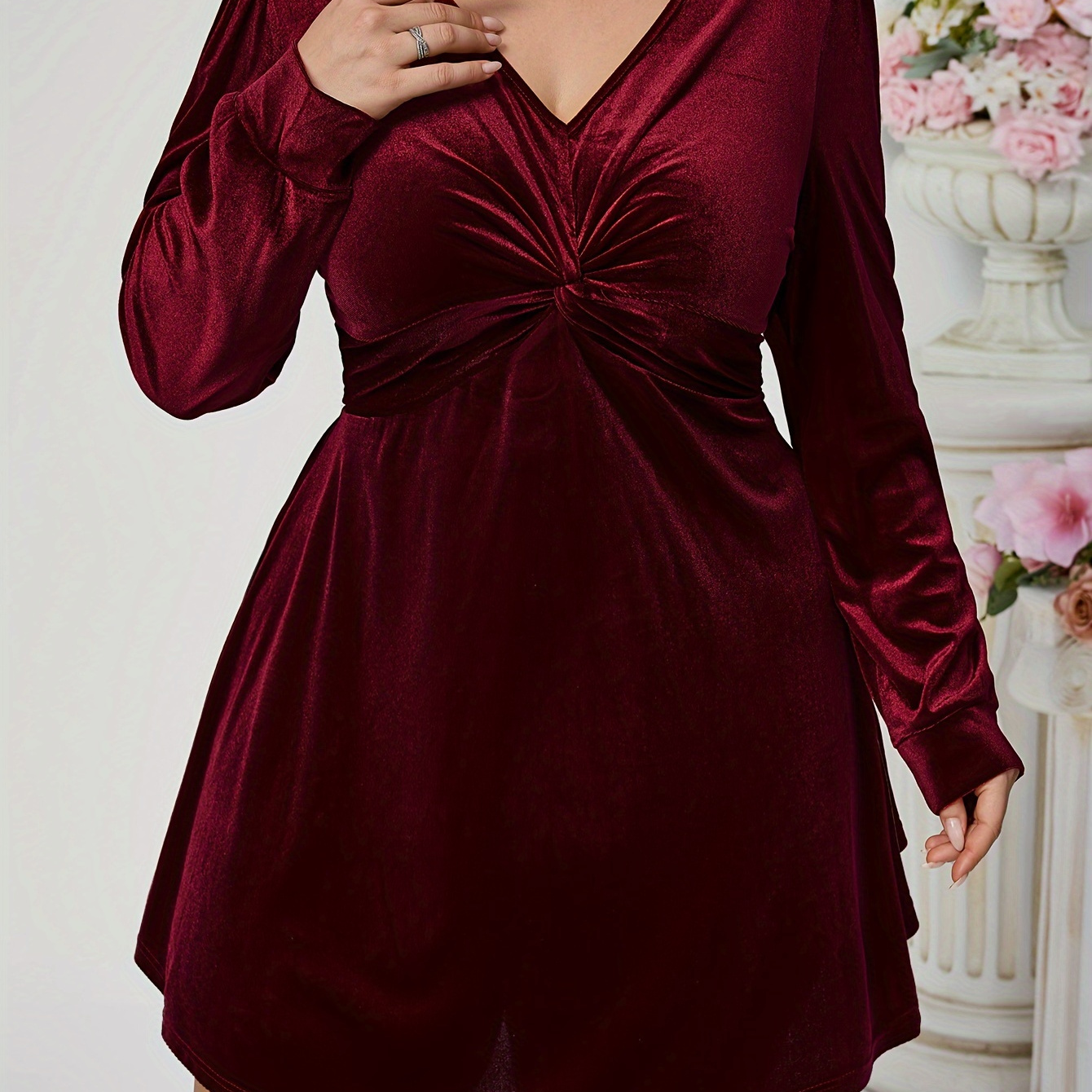 

1pc Elegant V-neck Long Sleeve Fit And Flare Dress With Twist Detail, 100% Polyester Woven Fabric, Solid Color, Fall/