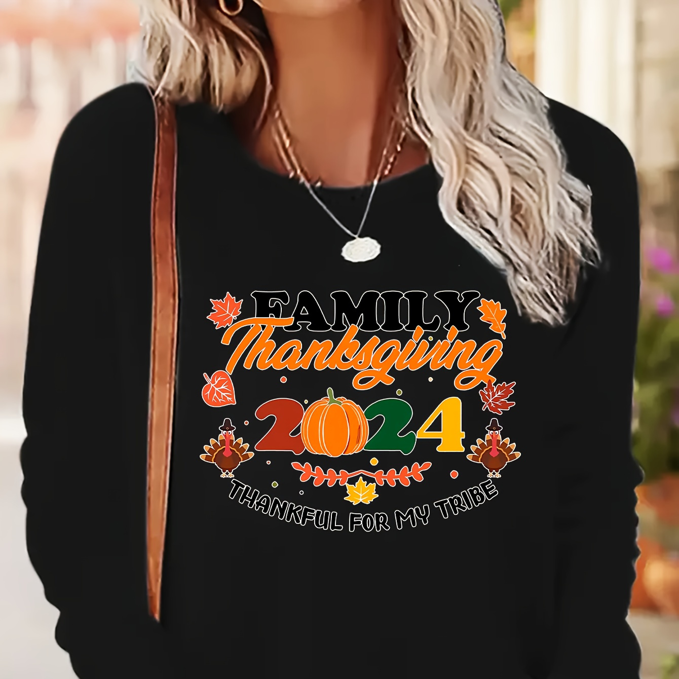 

Family Thanksgiving 2024" Long Sleeve T-shirt - Women's Casual Crew Neck Top In Black With Autumn Design, Machine Washable, Polyester