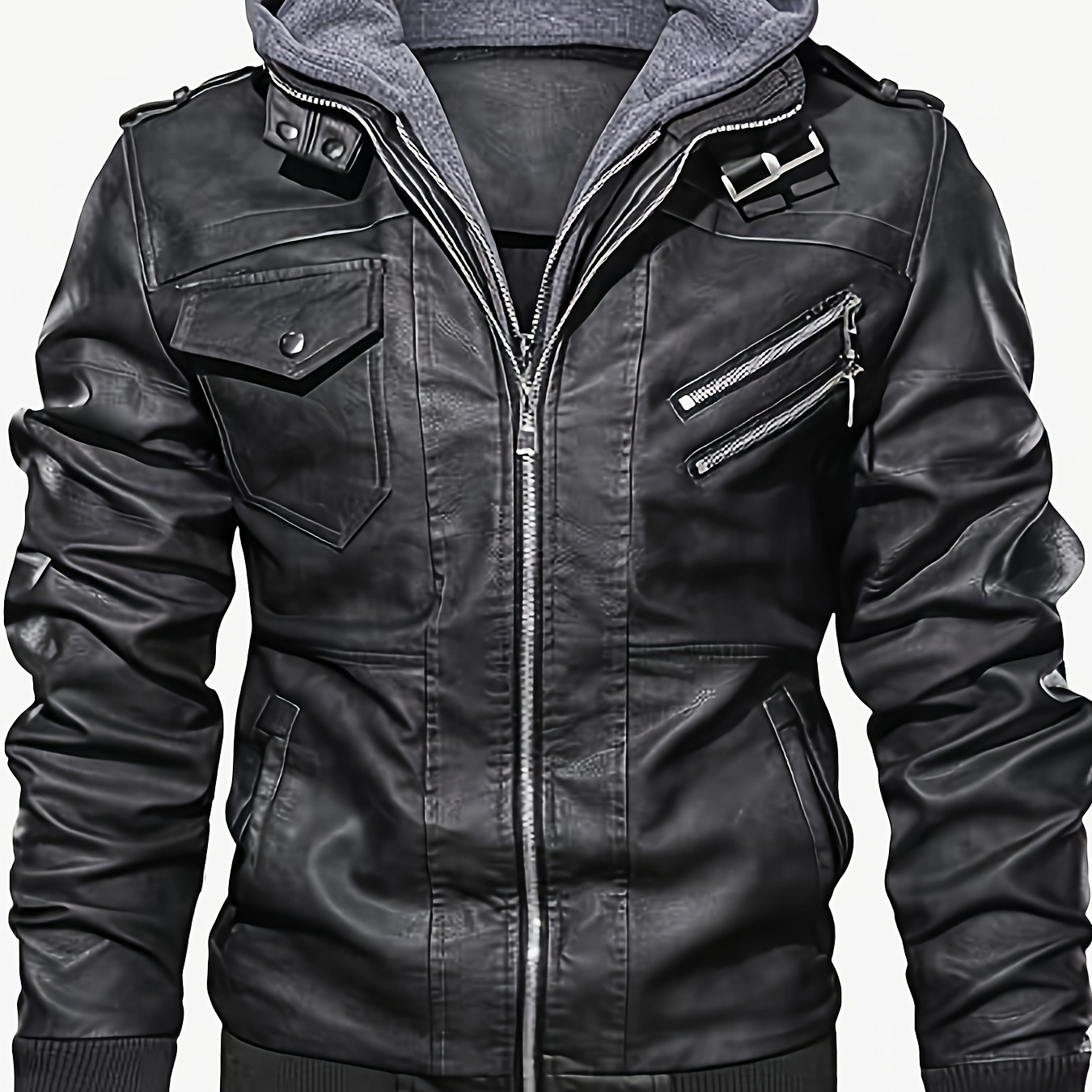 

Men's Leather Jacket Casual Sports Motorcycle Jacket With Removable Hood