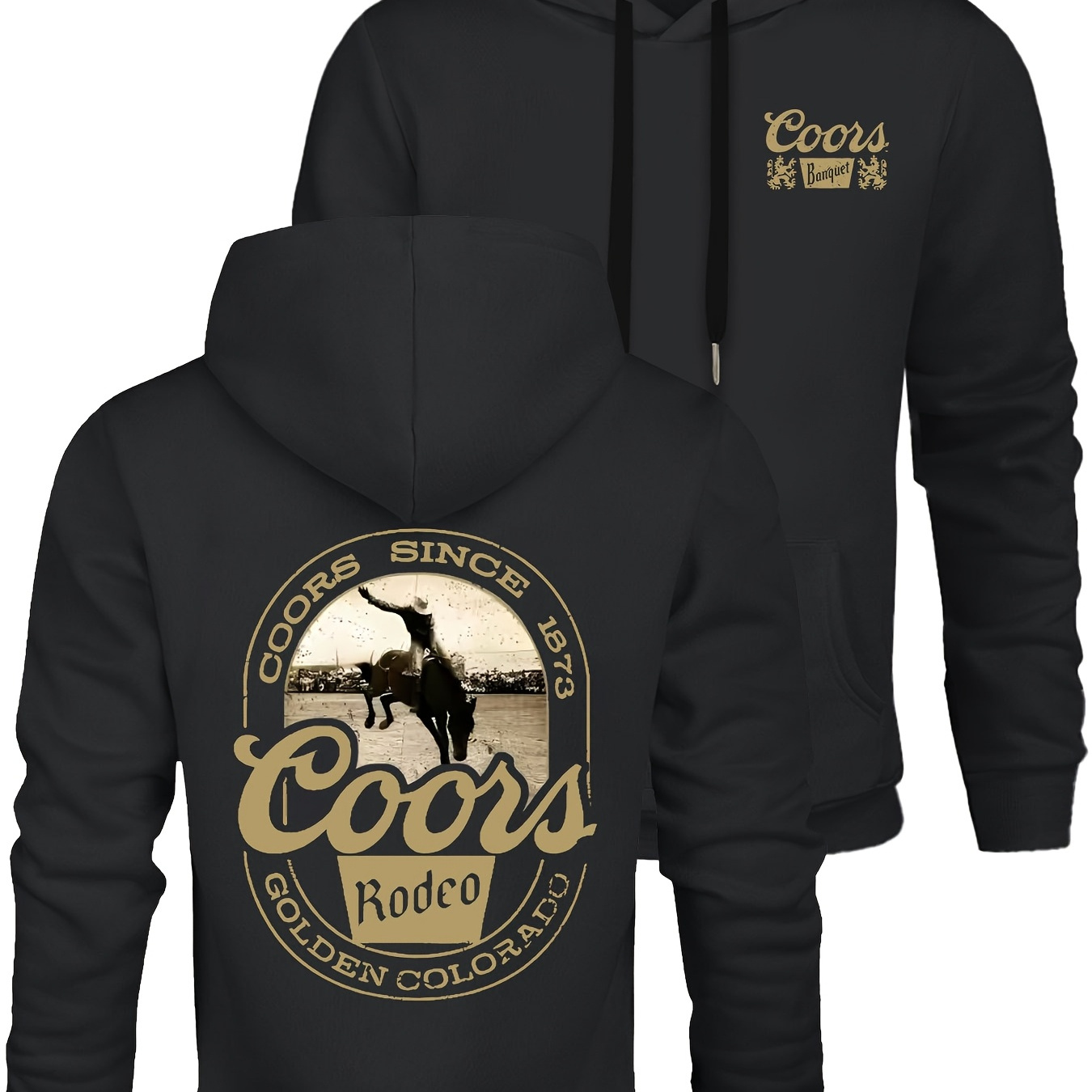 

1pc Coors Rodeo Golden 1873 Men's Hoodie - 350g Cotton , Casual Long Sleeve Fleece Sweatshirt With Pockets, Hooded Collar, Slight Stretch Knit Fabric For Fall/winter