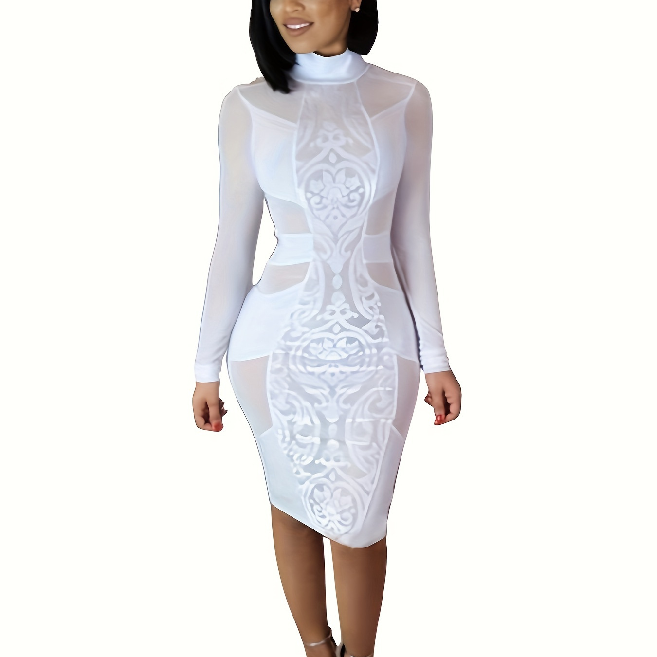

Mesh Sheer Mock Neck Bodycon Dress, Elegant Long Sleeve Dress For Spring & Fall, Women's Clothing