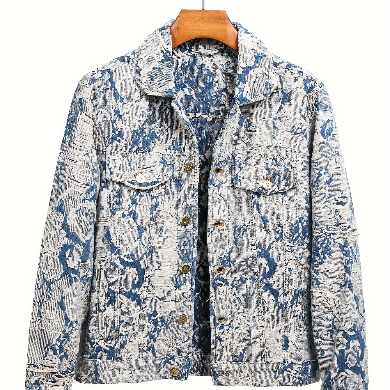 Jacquard Weave Denim Jacket, Men's Casual Street Style Chic Button Up Jacket