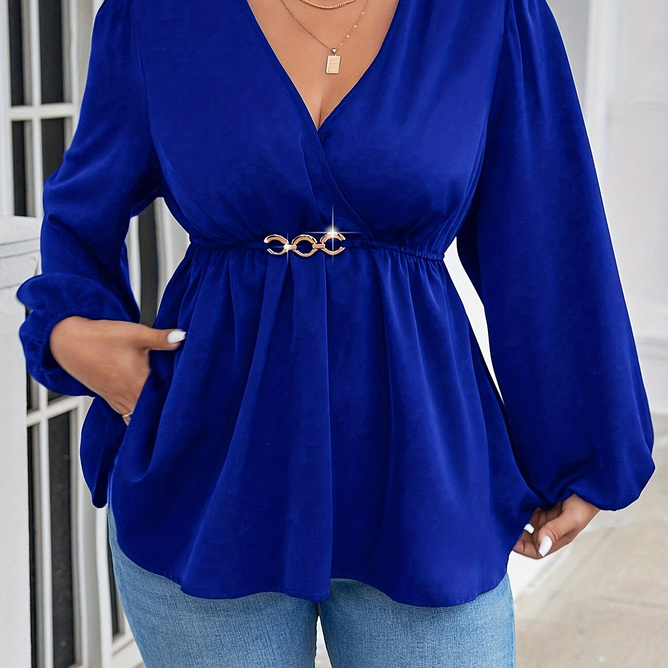 

Size Women's V-neck Blouse With Lantern Sleeves And Ruffle Detail - Comfortable Polyester, Non-stretch, , Long Sleeve, Wear, Plus Size Elegant Blouse, Leaves , Targeted