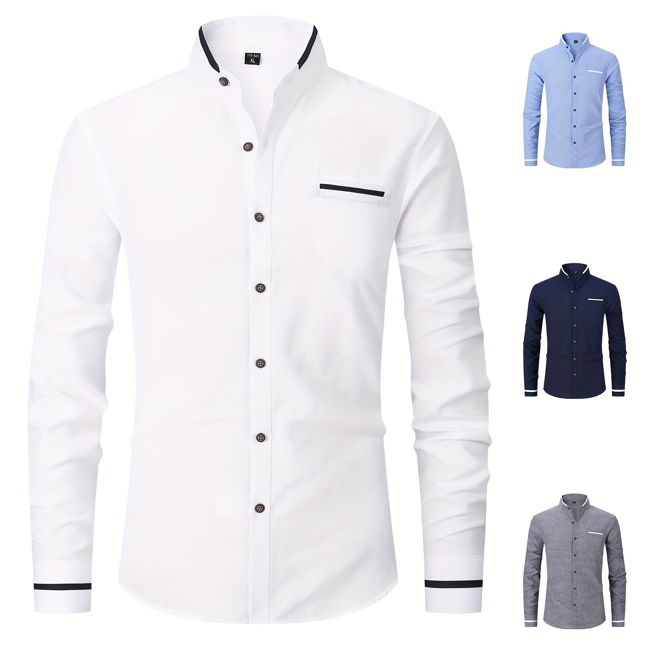 

Men's Solid Long Sleeve And Button Down Shirt With Stand Collar, Breasted Pocket And Contrast Color Stripe Pattern Collar, Pocket Edge And Cuff, Casual And Chic For Business Wear And Formal Occasions