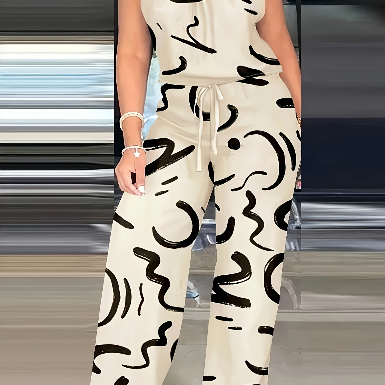 

Ensemble Décontracté Chic pour Femmes: Haut Cami à Imprimé & Pantalon à Jambe Large - Lavable en Machine, Polyester, Pantalon Long, Ensemble Tendance