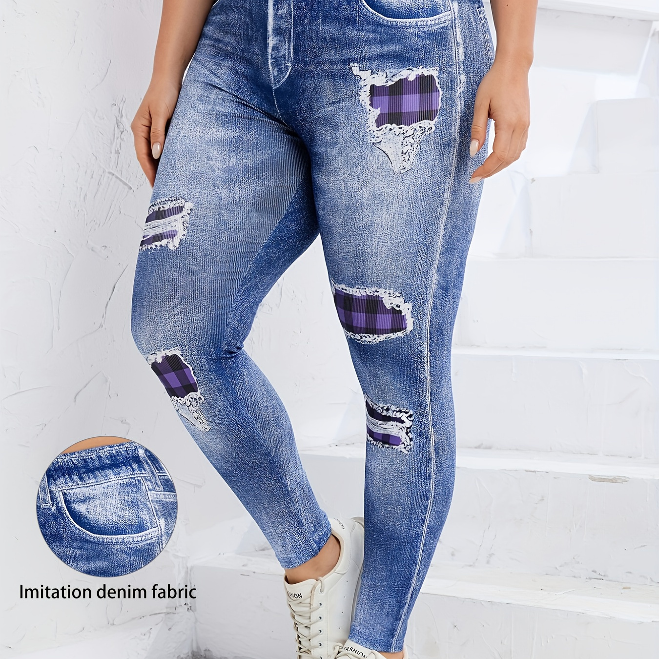 

Plus Size Women's Stretch Denim-look Leggings - Casual High-waisted, Pockets, Machine Washable, Polyester , , Plus Size Pants