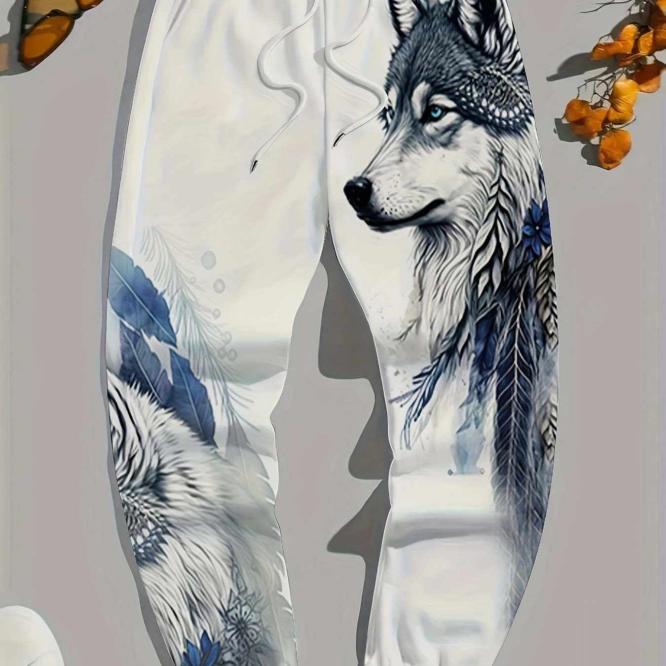 

Men's Wolf Graphic Jogger Pants With Drawstrings, Casual Comfy Breathable Trousers For Spring And Autumn