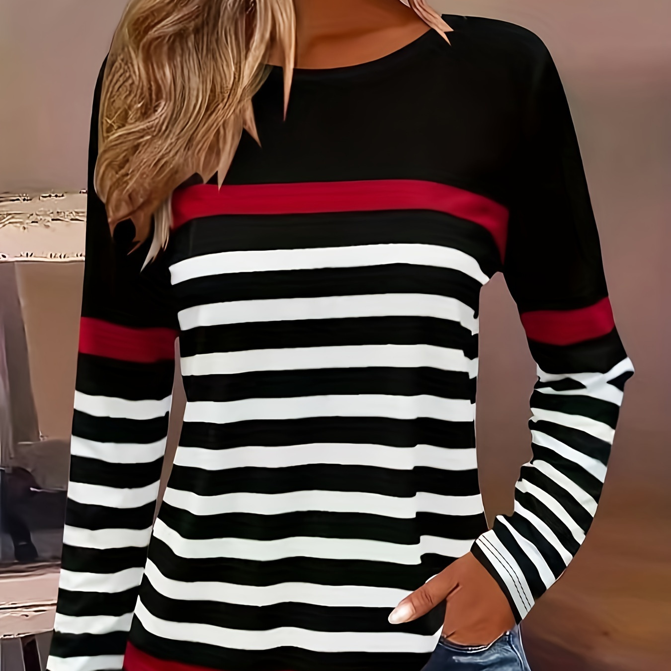 

T-Shirt Décontracté à Rayures pour Femme - Col Rond, Polyester , Lavable en Machine - pour