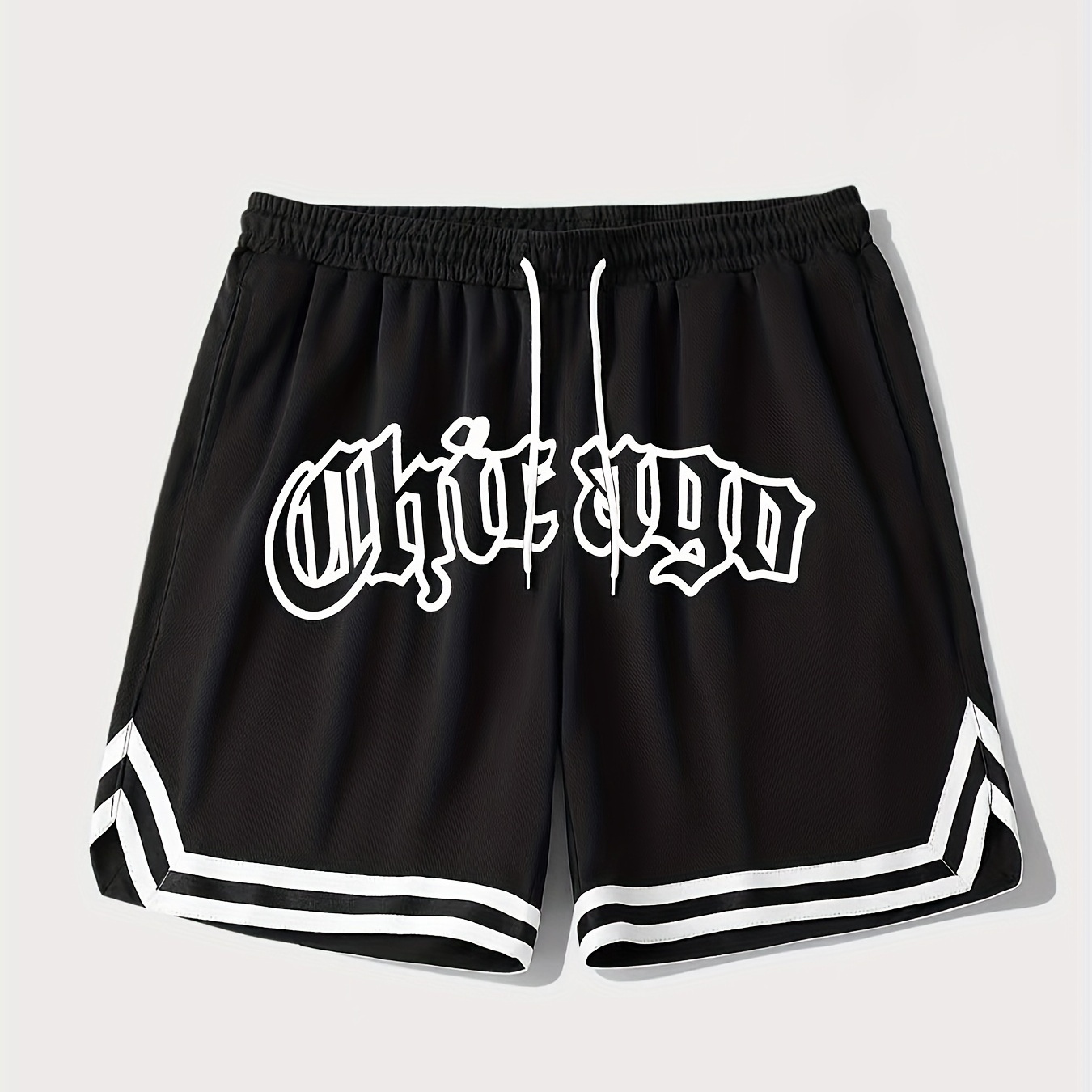 

Letter Print Chevron Quick Drying Comfy Shorts, Men's Casual Waist Drawstring Shorts For Summer Gym Workout Training