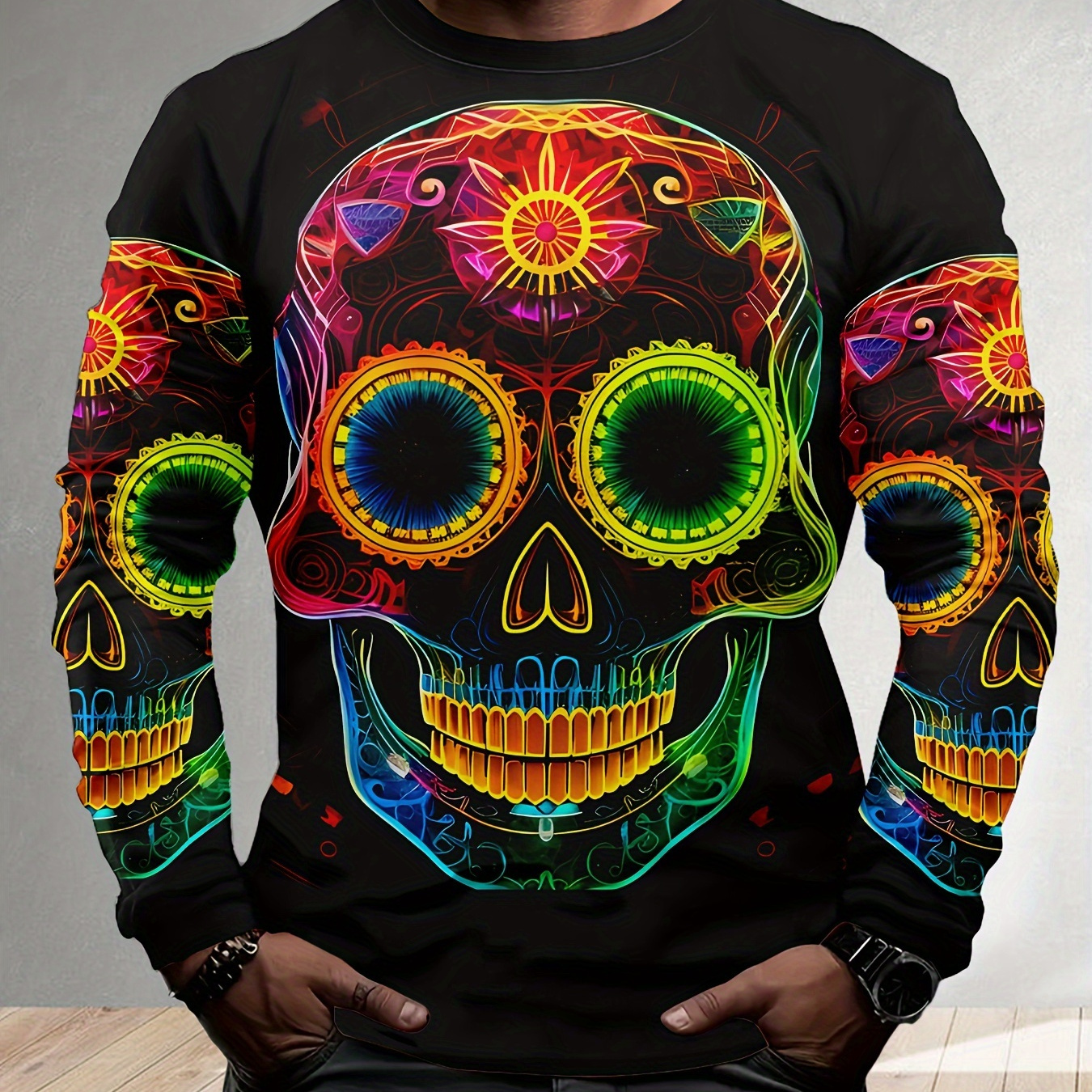 

Mens Fashion Crew Neck Long Sleeve T-shirt With Digital Print Design, Polyester Knit Fabric Casual Top For Men, Comfortable 4 Seasons Wear, Casual Weekend Style - Adult & Male Fit