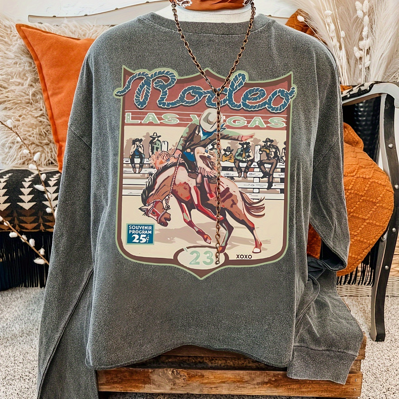 

Women's Western Cowboy Graphic Print Sweatshirt - Las Vegas R , Crew Neck Casual Pullover For Fall & Spring, Black Polyester Knit Top, Casual Wear | Western Theme | Machine Washable