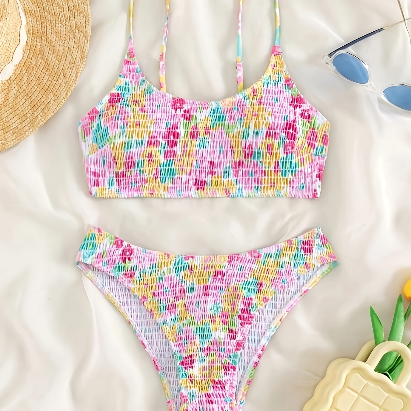 

Floral Print Shirred Scoop Neck 2 Piece Set Bikini, High Stretch Spaghetti Strap Cute Swimsuits, Women's Swimwear & Clothing