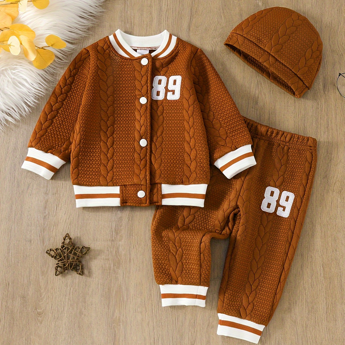 

3pcs, Newborn Boy's Number 89 Embroidery Buttons Cotton Baseball Jacket + Matching Pants + Hat Set, Trendy Comfy Outfits For Wear