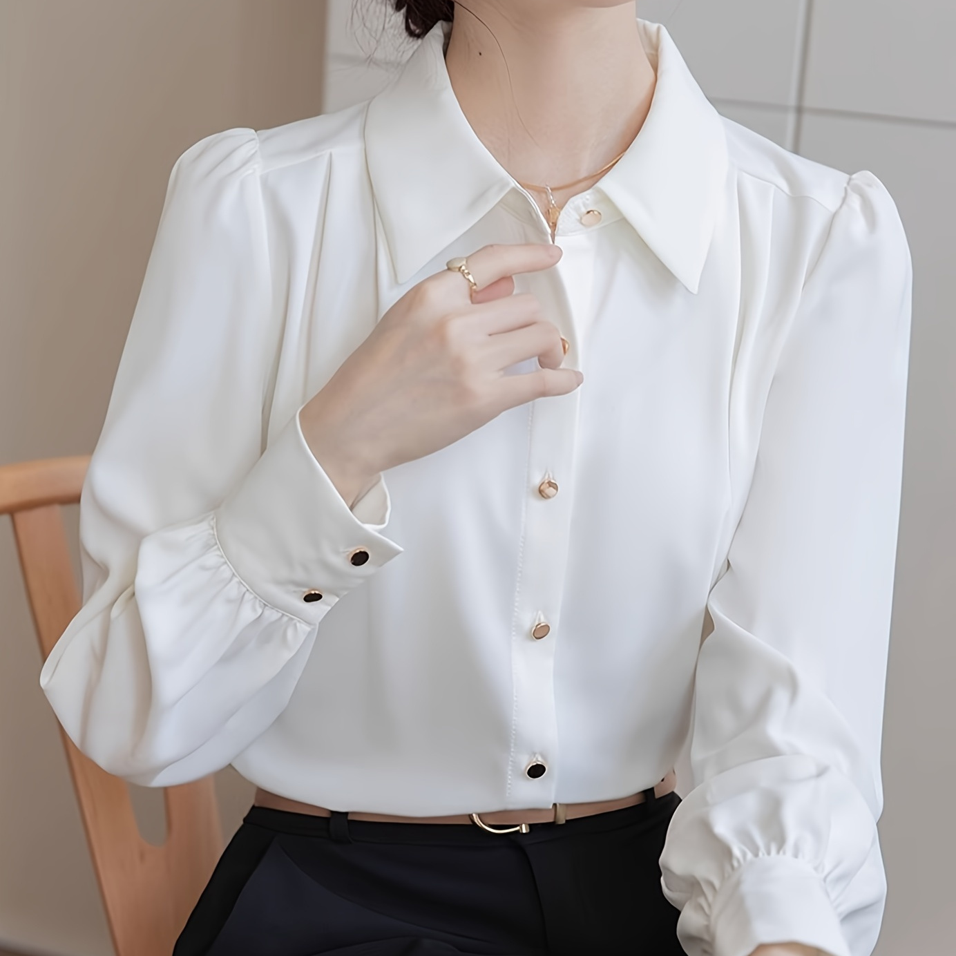 

Elegant Polyester- Long Sleeve Blouse - 91% Polyester, 9% Spandex, Square Neck, Solid Color, Button Detail, Woven, Middle-eastern Style Shirt For Women - Spring/fall Collection