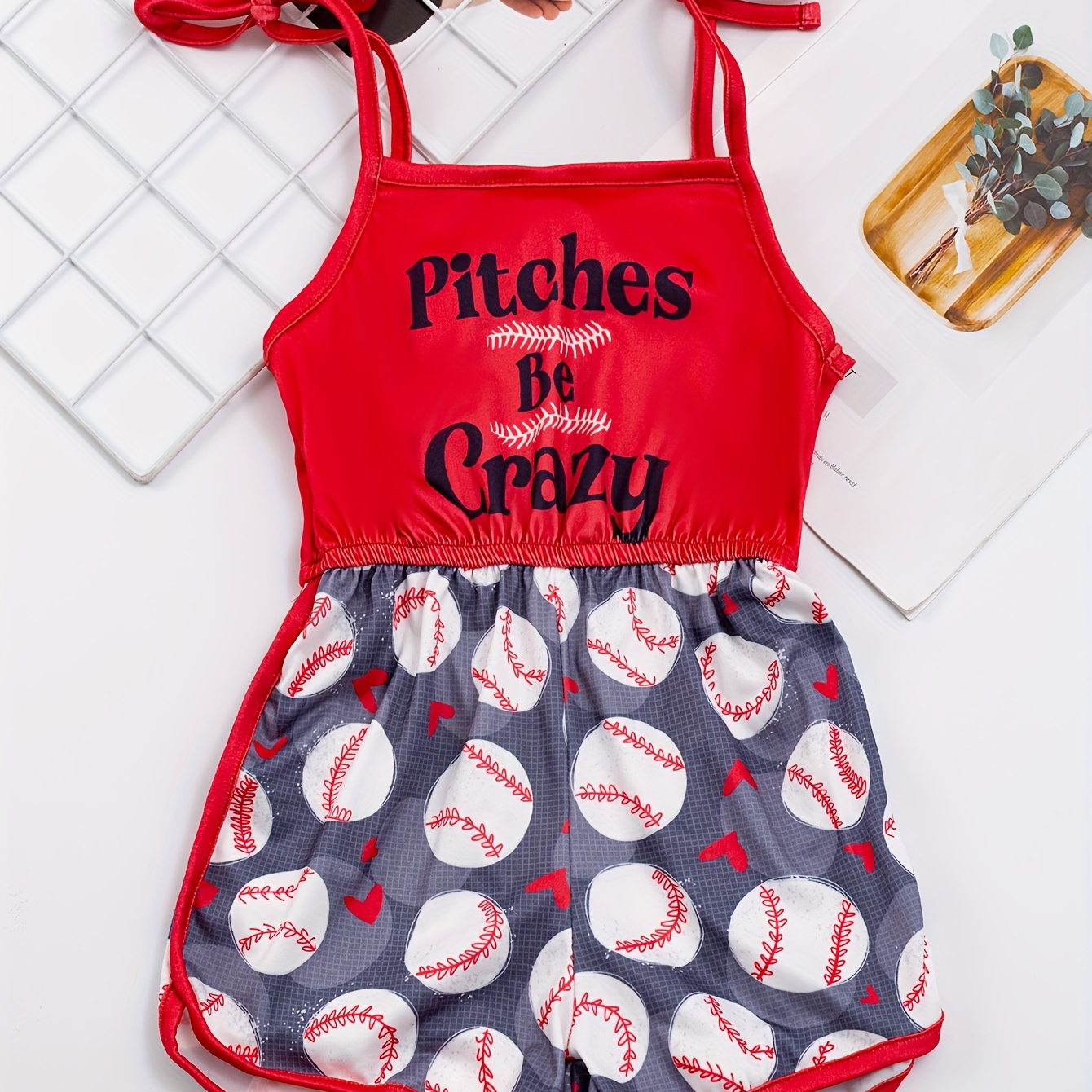 

Stretchy Splicing Pitches Be Crazy Print Baseball Graphic Cami Jumpsuit Romper For Girls Summer Sports Gift Party