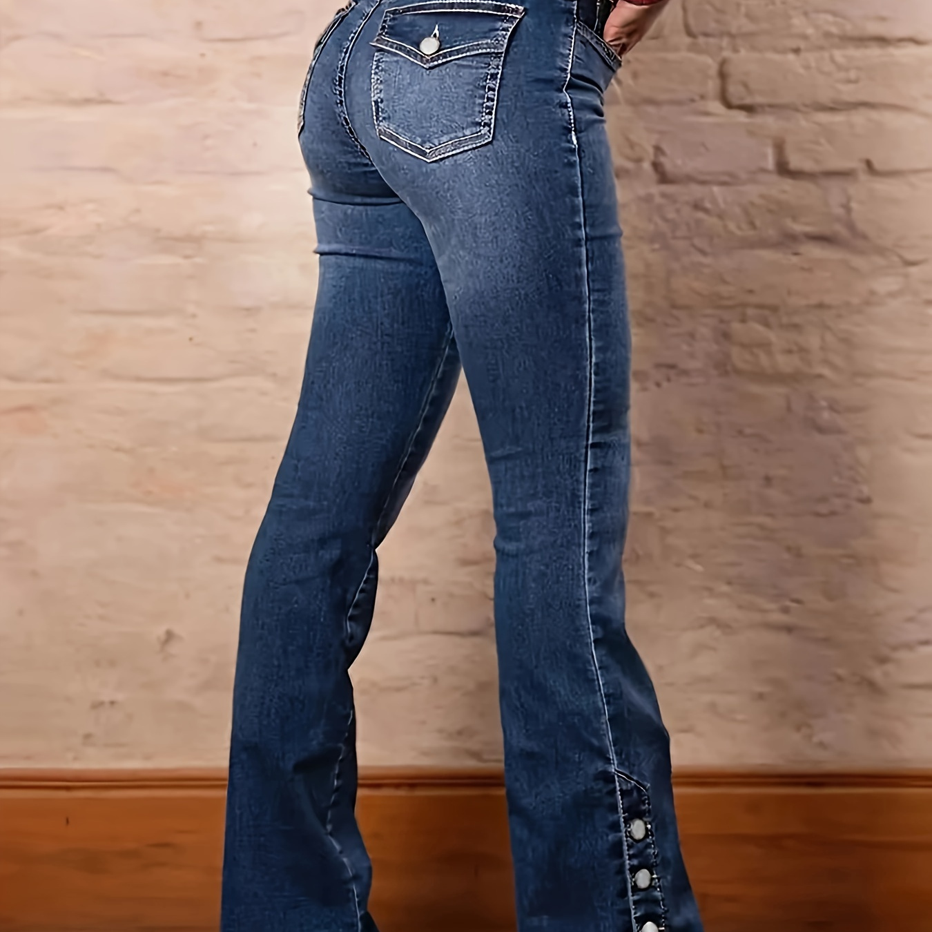 

Women's Fashion Flared Jeans With Stretch, Casual Style, Side Button Detailing, Versatile Denim Bell-bottoms Suit For Autumn