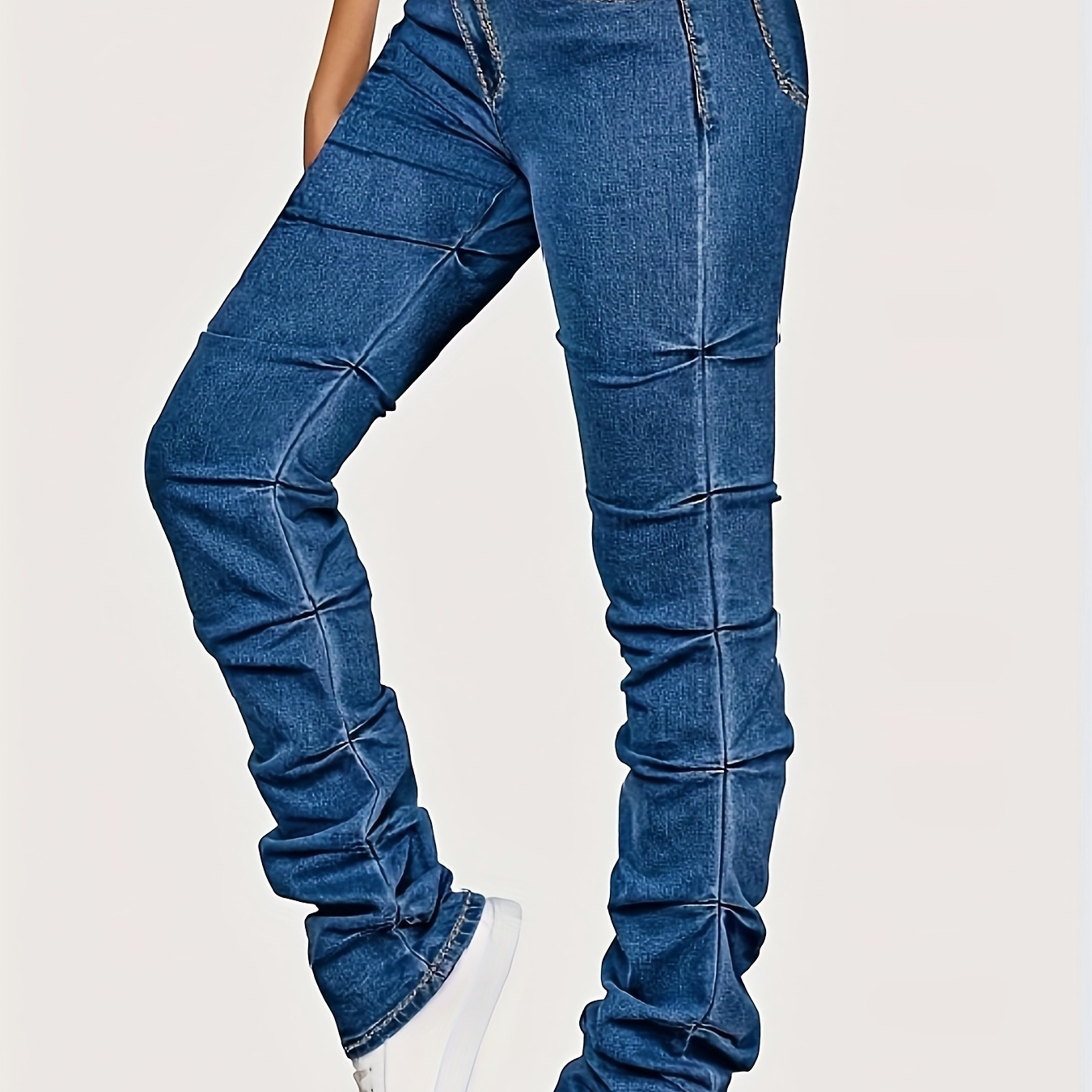 

Plain High Rise Stacked Jeans, High Stretch Washed Blue Ruched Casual Denim Pants, Women's Denim Jeans & Clothing