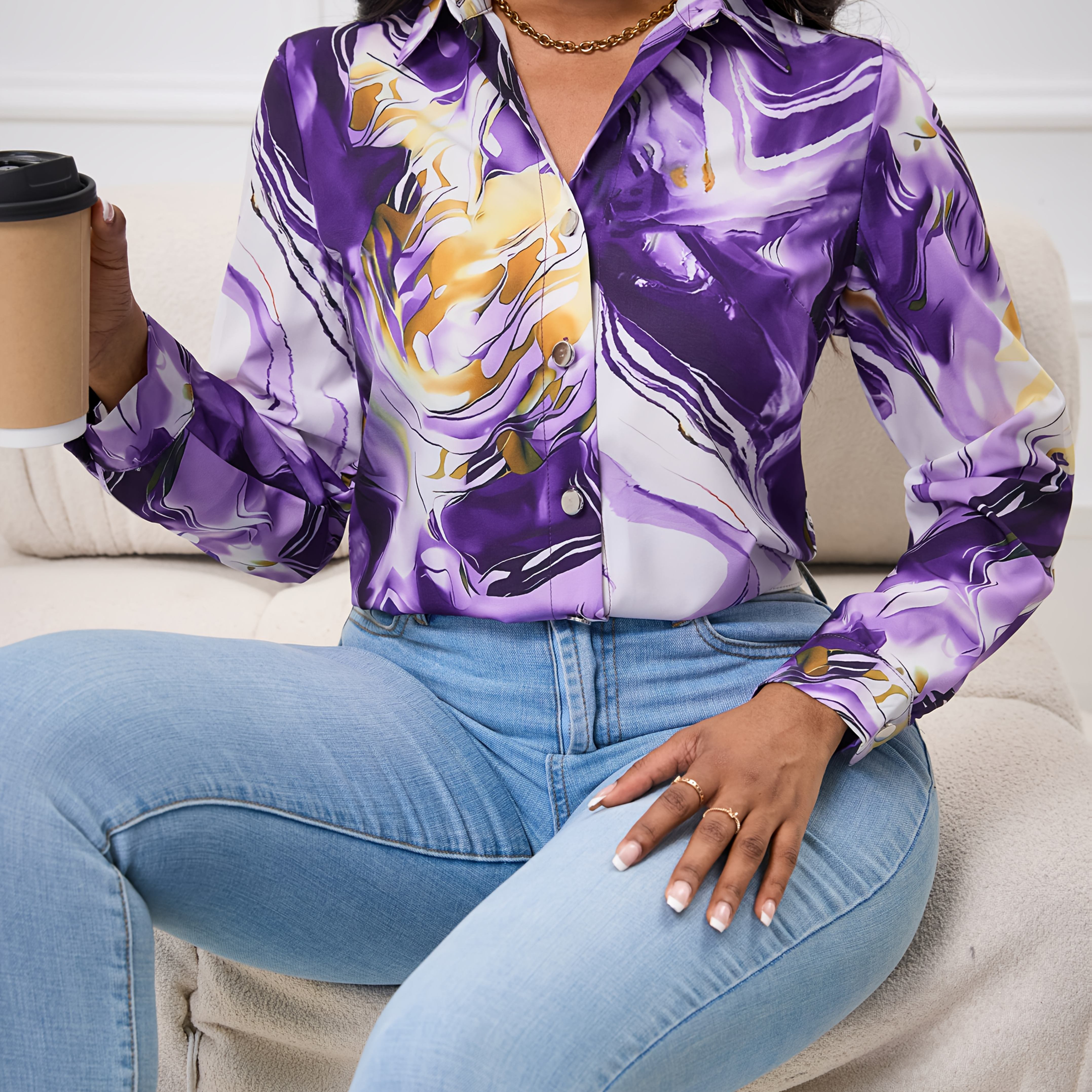 

Elegant Tie Dye Polyester Blouse For Women - 100% Polyester, Long Sleeve, Lapel Collar, Woven Shirting, Fall/