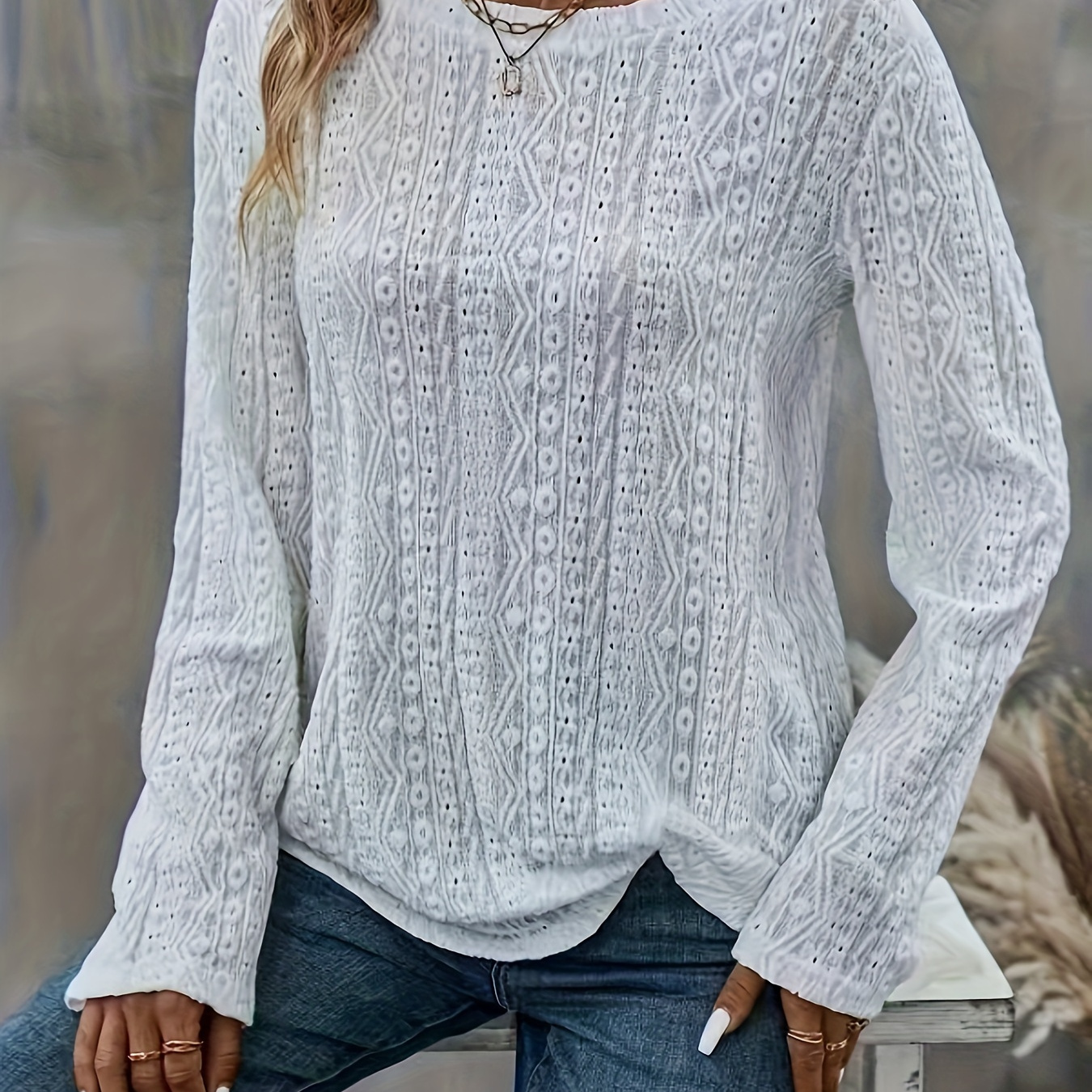 

Solid Textured Eyelet Top, Vintage Long Sleeve Knot Front Crew Neck Top, Women's Clothing