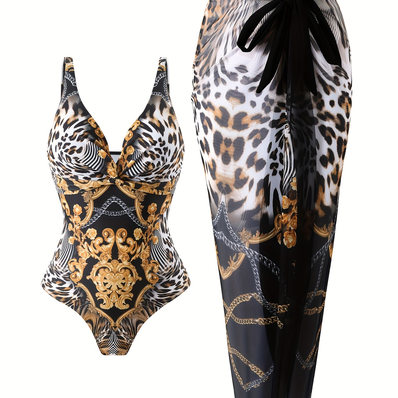 

Leopard Zebra Baroque Print 2 Piece Swimsuits, One-piece Bathing-suit & Cover Up Skirt, Women's Swimwear & Clothing